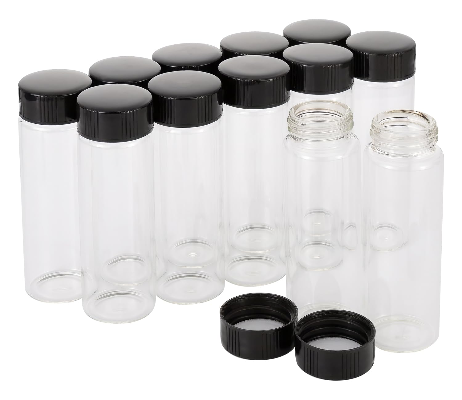 Rowiz 28pcs 30ml Clear Small Glass Vials with Black Screwcap Liquid Sampling Sample Glass Bottles for Chemistry Lab Chemicals