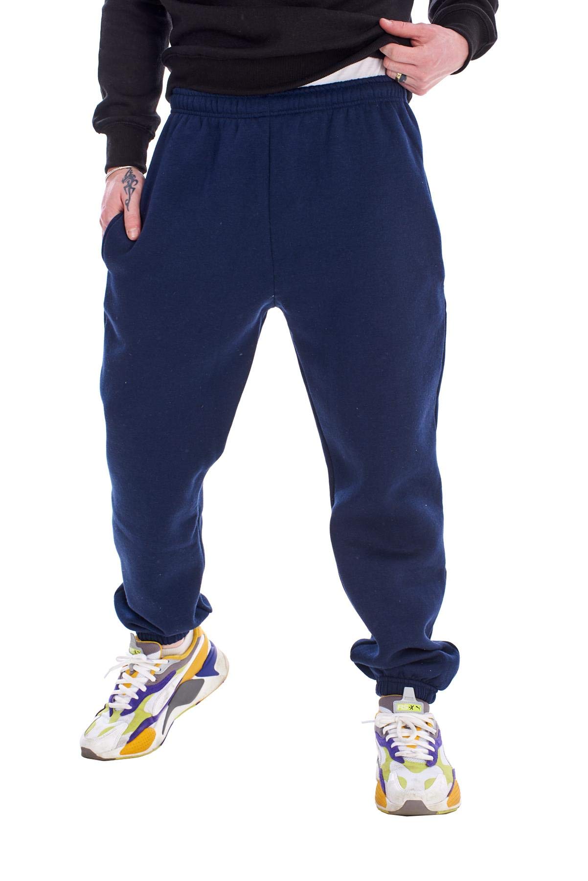 Malay Men's Navy Fleece Joggers Regular Elastic Tracksuit Bottom Cuffed Ankle Cotton Blend