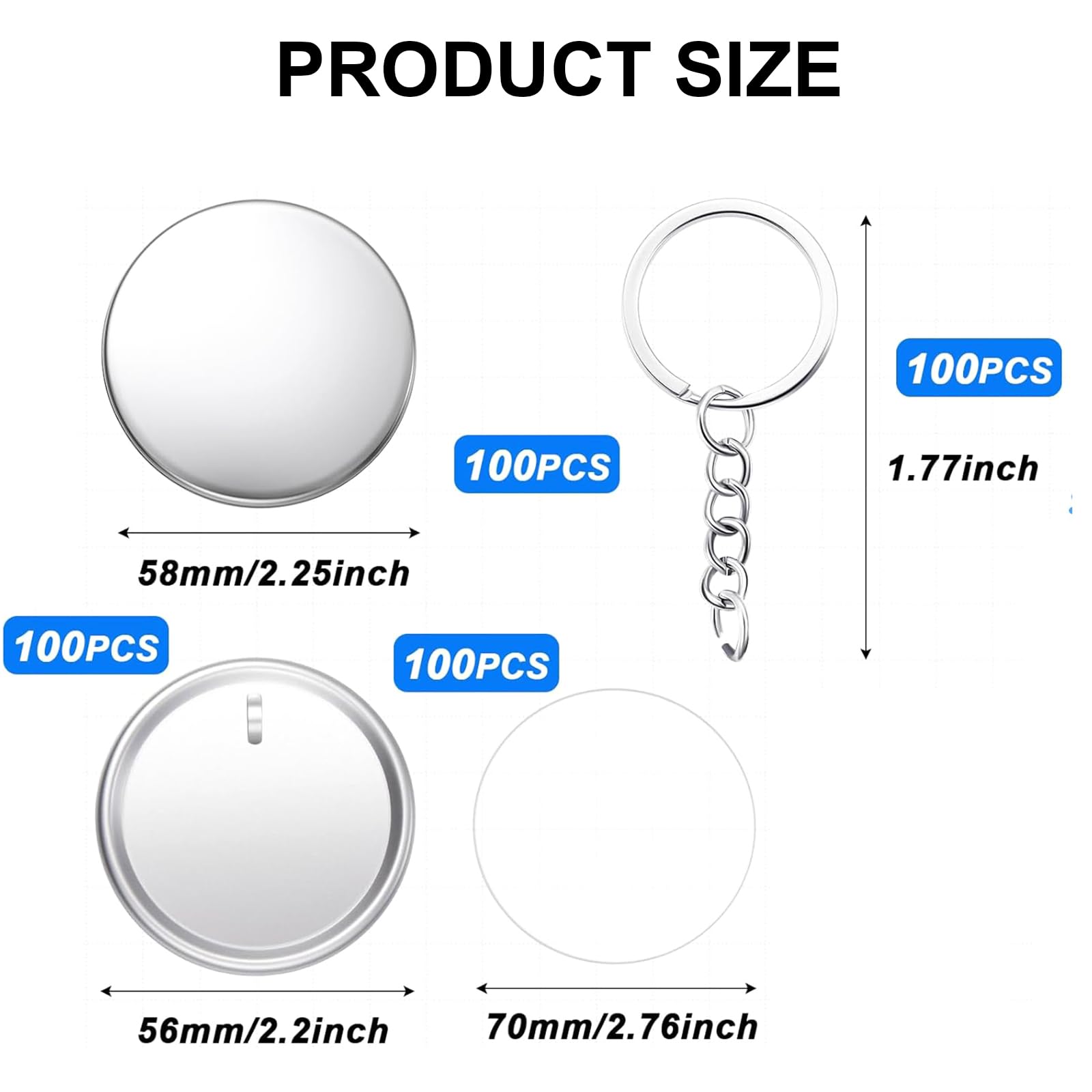 Lot de 100 badges de 58 mm et 100 porte-clés avec chaîne, accessoires de décoration