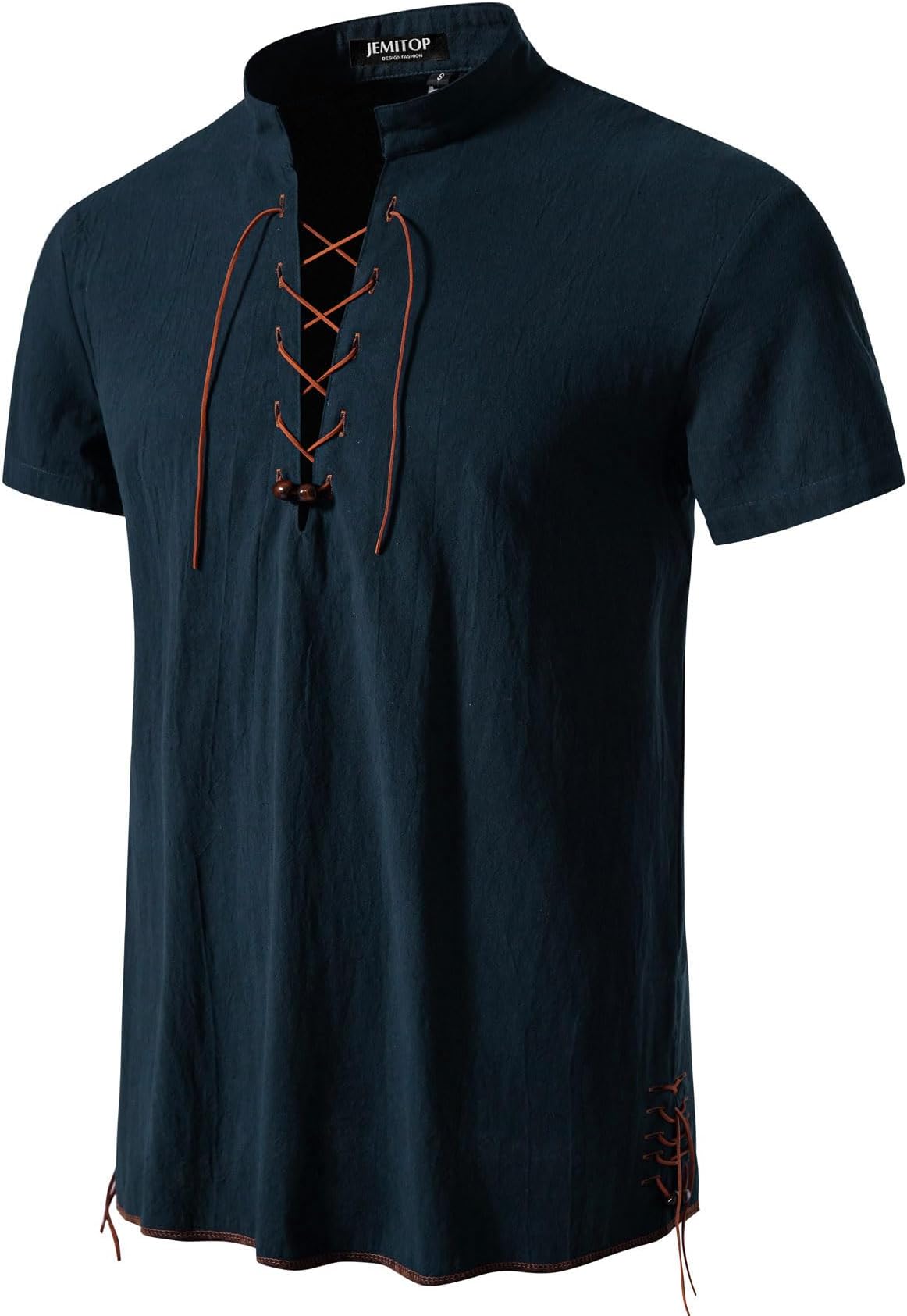Men's Pure Cotton Vintage Short Sleeve Lace Up Shirts for Renaissance Pirate Viking Medieval Costume, Navy Blue, Medium