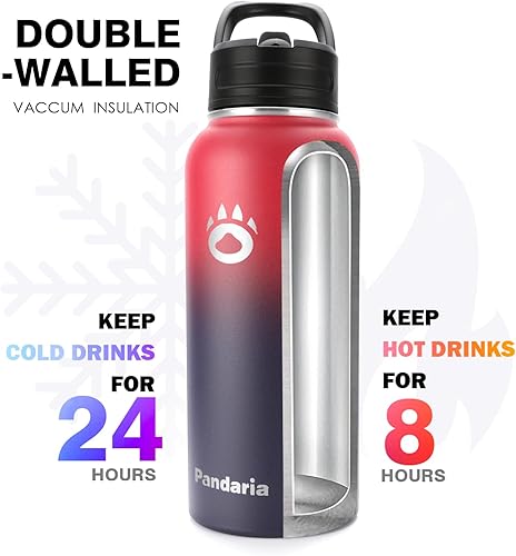 Miniatura 3 de Botella de agua aislada de 32 onzas con tapas y pajillas, de acero inoxidable, para exteriores, botella de boca ancha para bebidas frías y