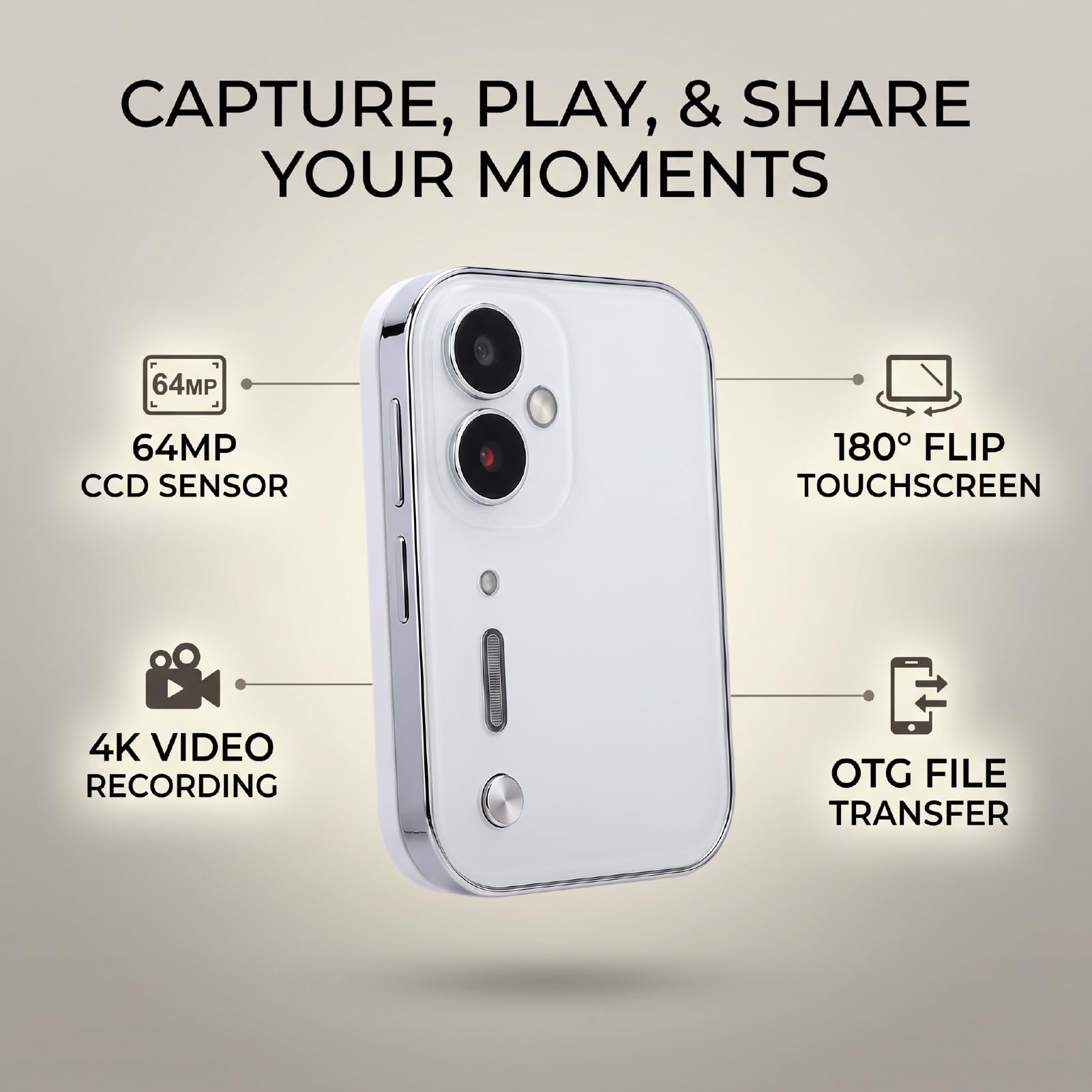 LICAEVEY 4K-Digitalmusikkamera, 64MP CCD-Kamera (White) | 3-Zoll-180-Flip-Touchscreen mit 3600-mAh-Akku, OTG-Anschluss für Selfie-Beauty-Modus und Unterhaltung