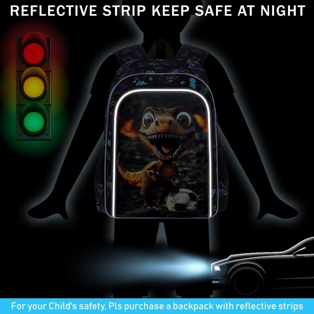 16" Dinosaur Backpack for Boy, 3Pcs Soccer Bookbag for Elementary Preschool Kindergarten, Kids School Backpacks with Lunch Box (Black) - Image 3