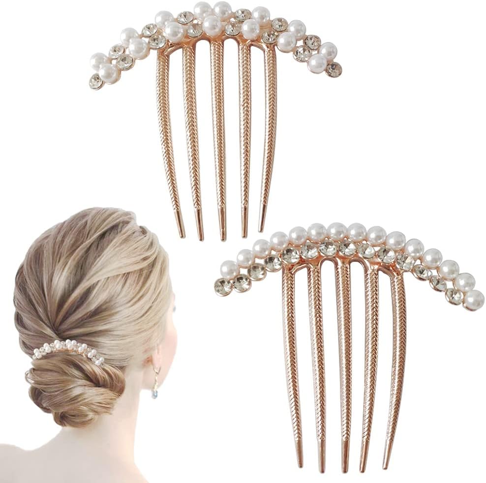 2 Pcs Pearl Hair Side Combs Clip Crystal Rhinestone Hair Combs for Women Decorative Combs Hairpins Hair Accessories for Wedding Party Daily