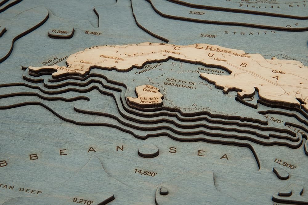 Gulf of Mexico 3-D Nautical Wood Chart, White Frame, 24.5" x 31"