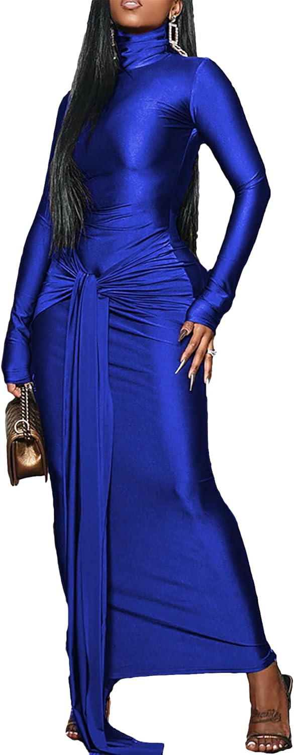 Vakkest Women's Long Sleeve Formal Maxi Dress Bodycon Elegant Ruched Tie Front Party Wedding Guest Evening Dresses