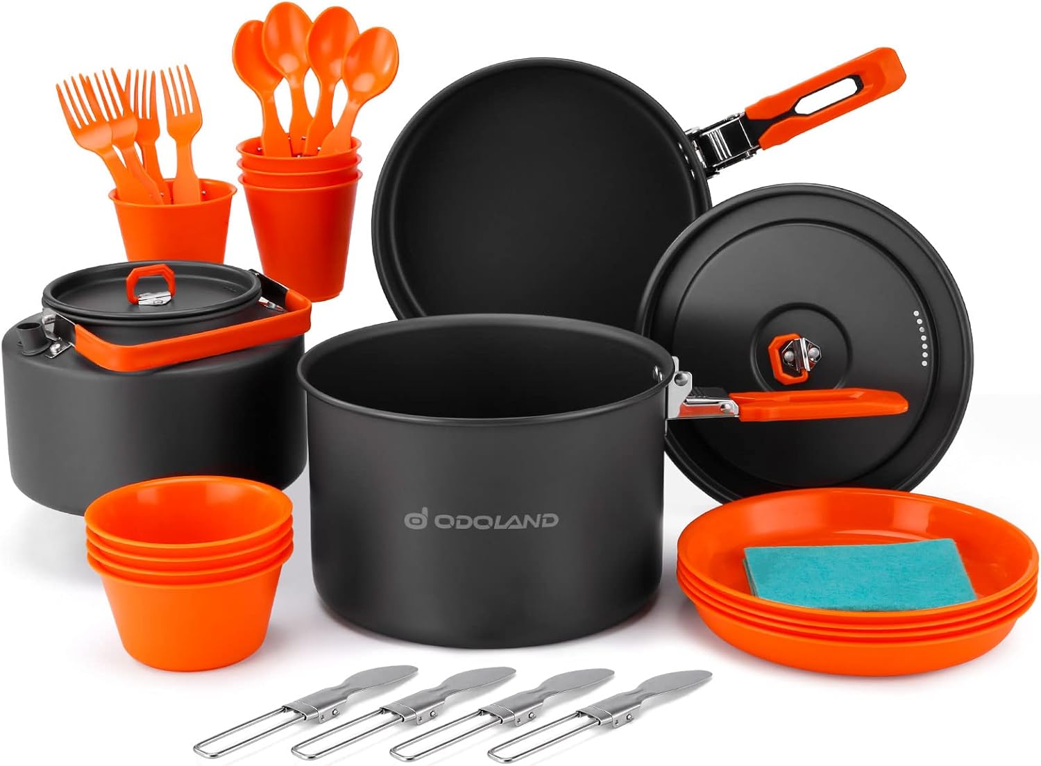 Odoland 29pcs Camping Cookware Mess Kit, NonStick Lightweight Camping Pot Fry Pan Kettle Set