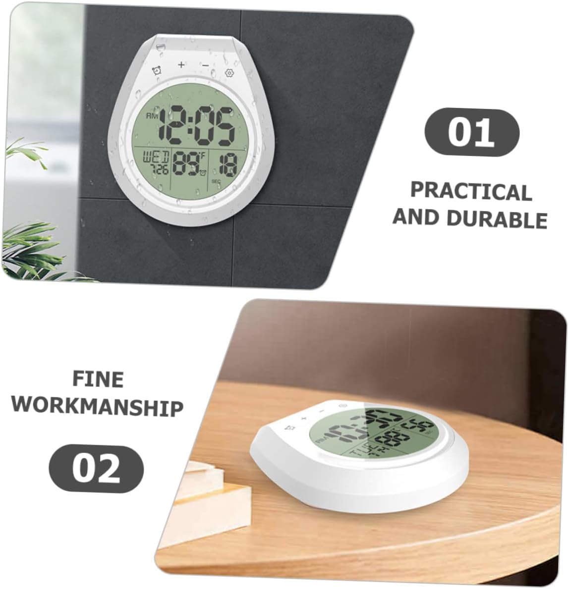 GARVALON Digital Wall Clock Cup Bathroom and Kitchen Use Temperature Gauge Non-Ticking Design Easy to Install and Space-Saving