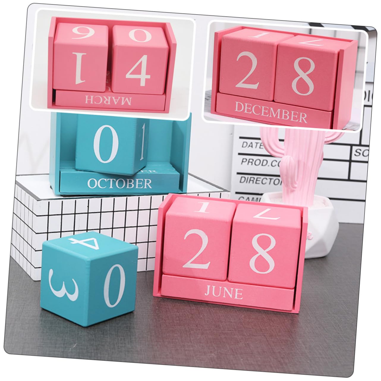 VILLCASE 4 Stück Tischkalender aus Holz Kalender Esstisch lustiger Tisch personalisierter bürodeko Tages aus Holzblöcken Rosa