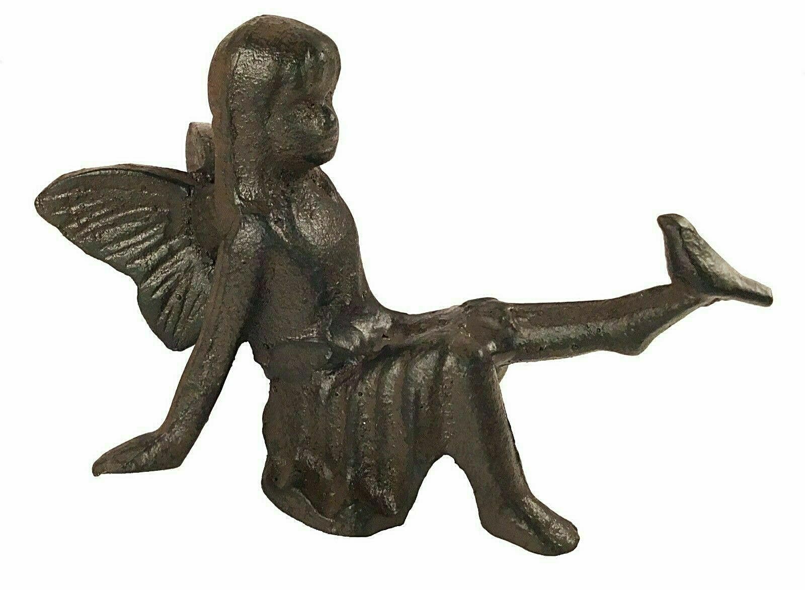 Fyne-Finds Cast Iron Brown Sitting Fairy with Bird On Foot Rustic Garden Home Indoor Outdoor Decor Ornament
