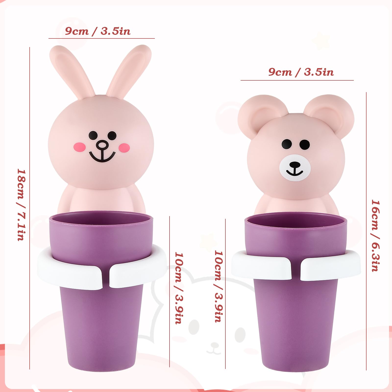 2 Stück Zahnbürstenhalter für Kinder, Zahnputzbecher Kinder ohne Bohren, Cartoon Zahnbecherhalter Wandmontierter, Niedliche Tier-geformte Zahnbürstenhalter Selbstklebend Wasserdicht (rosa)