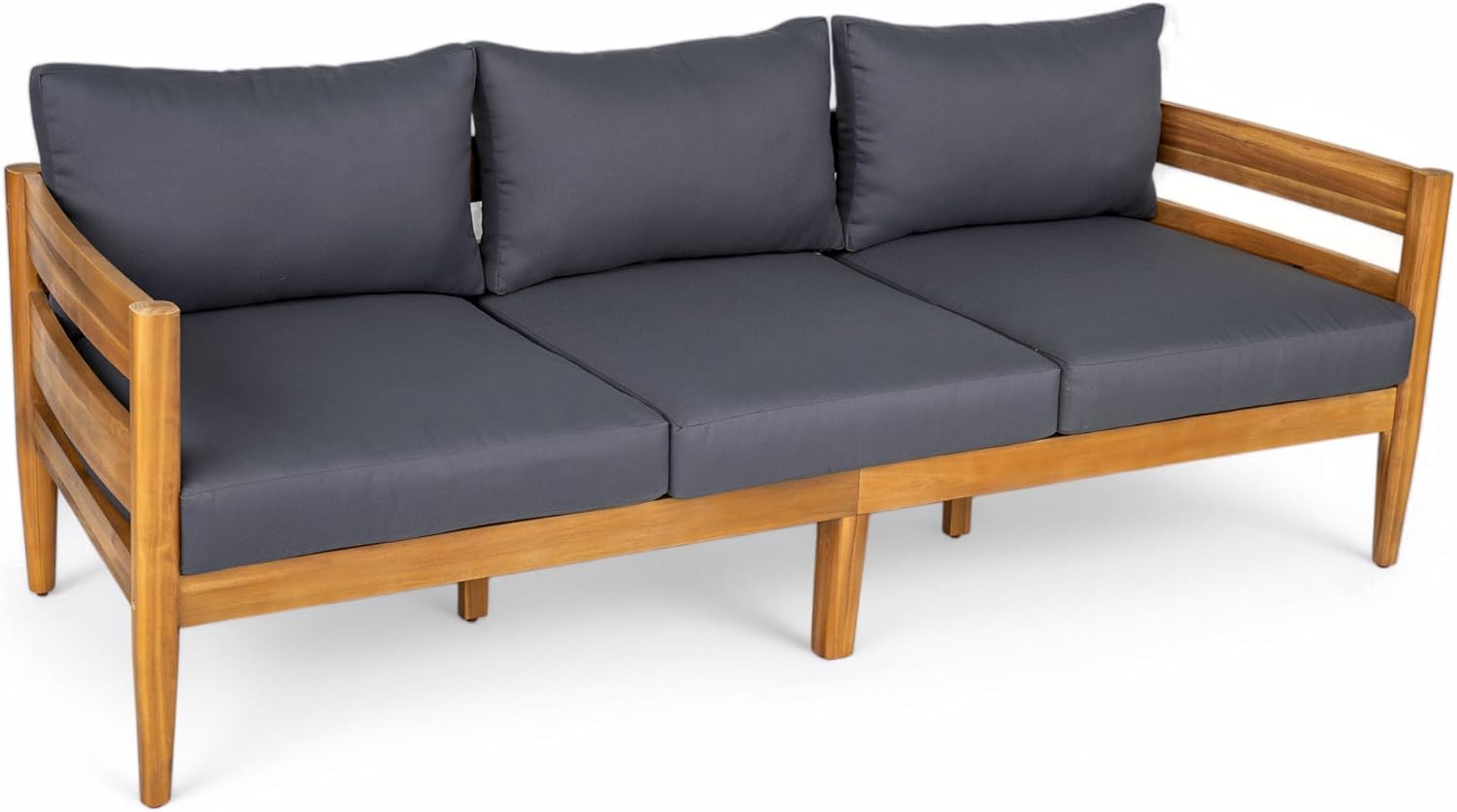 Christopher Knight Home Kavets 76.25'' W Outdoor 3 Seater Sofa with 5" Cushion, Acacia Wood Patio Sofa, Modern Slat Panel Bench, Spacious Seating Couch for Backyard Garden Porch, Light Teak+Dark Gray