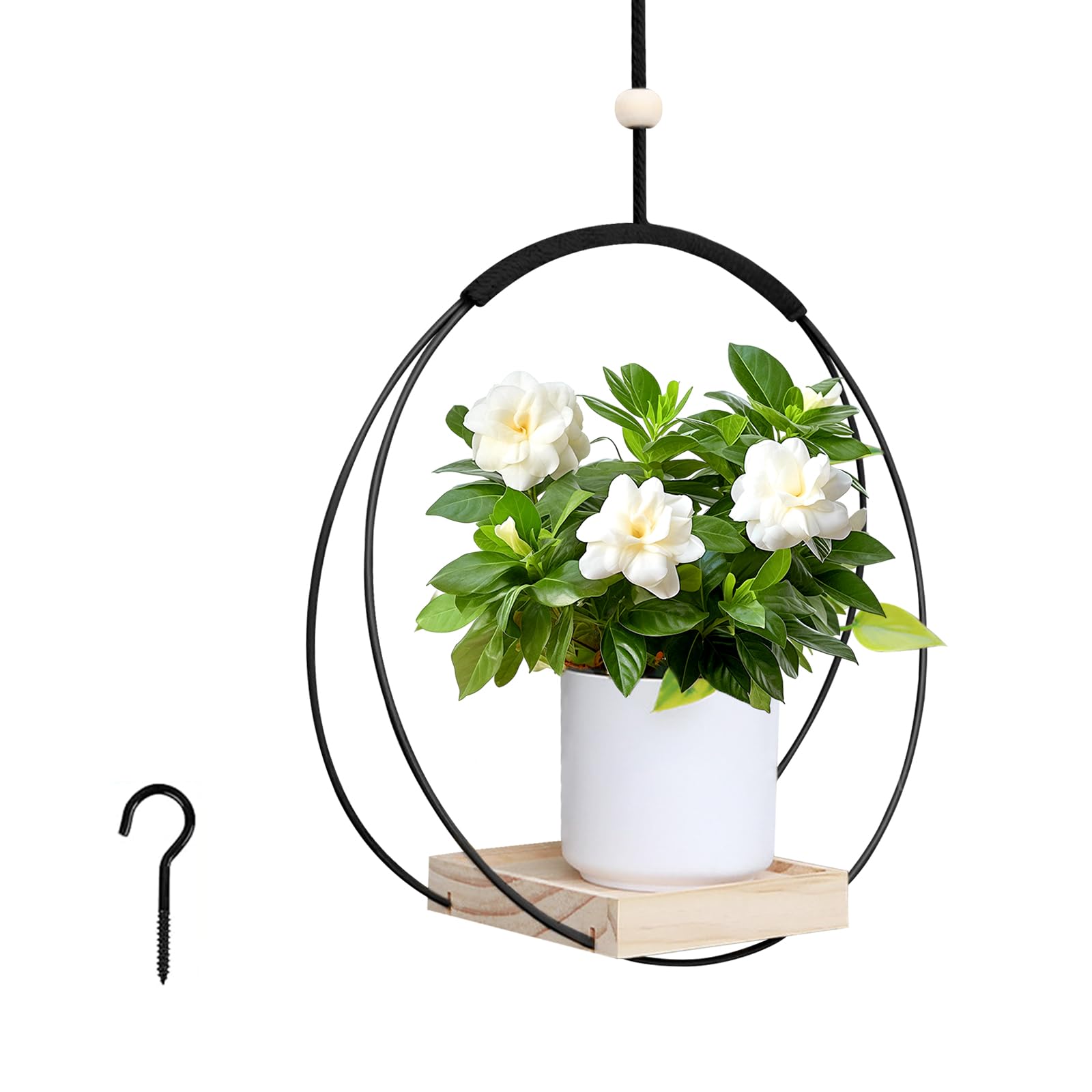 Suspension macramé pour plante avec base en bois noble et anneau en métal