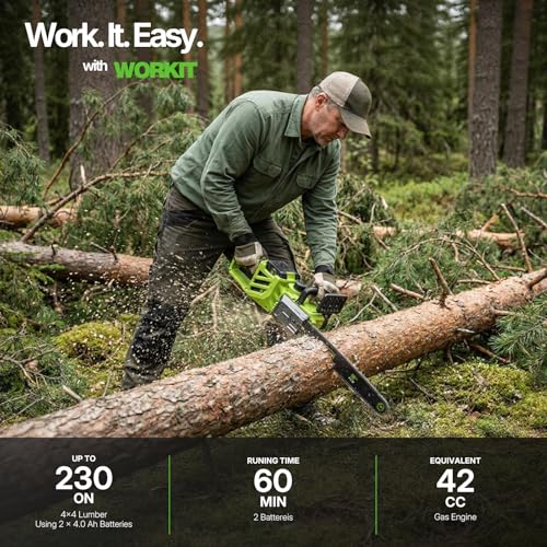 Image of WORKIT 16 Inch Electric Chainsaw, 40V Brushless Chain Saw Cordless with 2x4.0Ah Batteries, Tool-Free Chain Tension, Auto Oiling, Battery Chainsaw for Tree Trimming, Wood Cutting, Yard Work