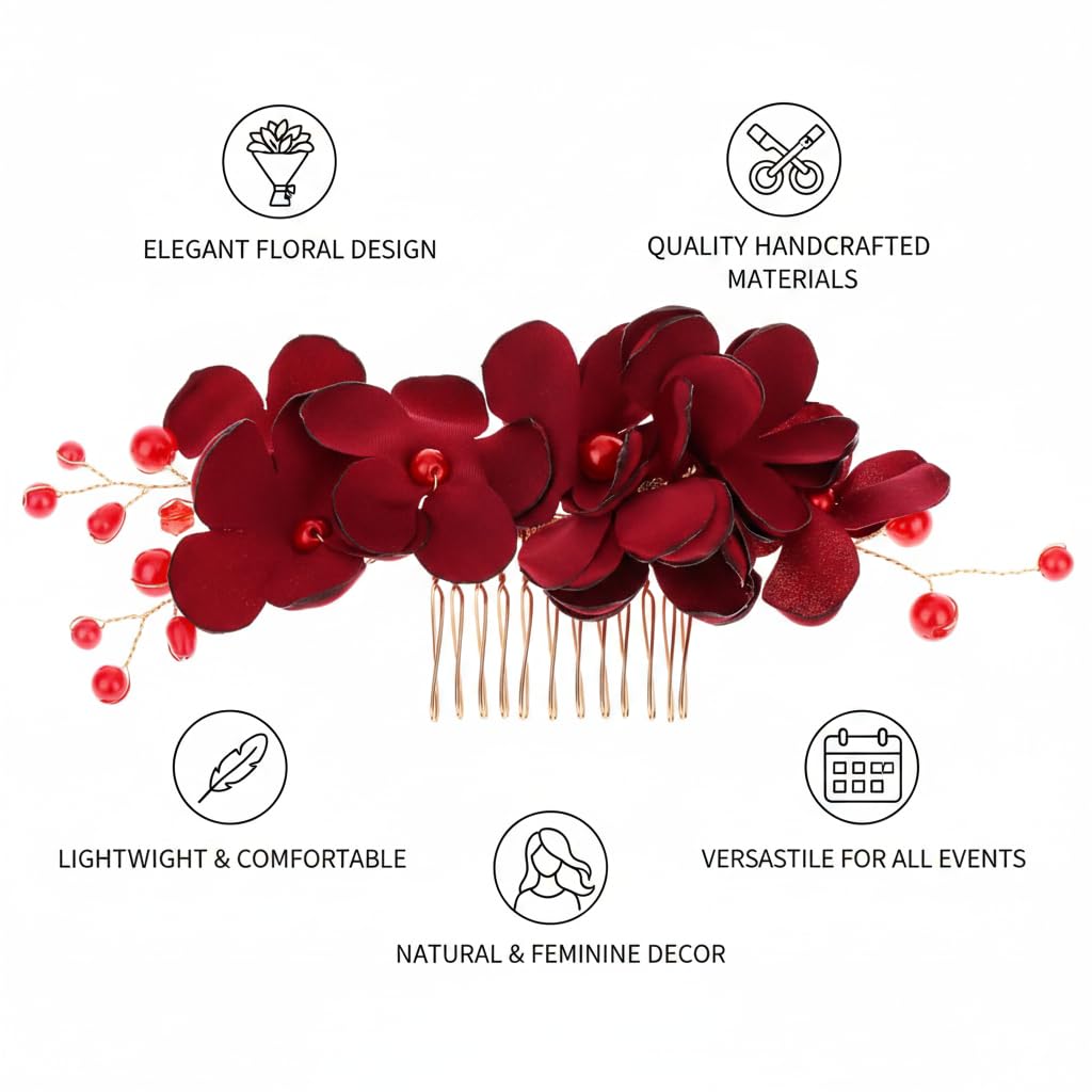 FOMIYES Peineta Lateral Con Flores De Tela Roja Y Cuentas Imitación Accesorio Ligero Para El Pelo De Mujer Ideal Para Bodas Fiestas Y Eventos Especiales 6.29X2.75 Pulgadas