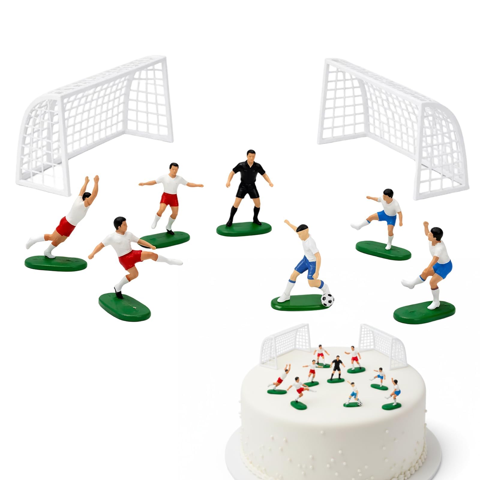 9PCS Football Cake Topper Set with 2 Goals, 1 Referee, 6 Players & 1 Football - Non-Edible PVC Figures for Boys Men Birthday, Football Theme Party, Cupcake Dessert Decorations