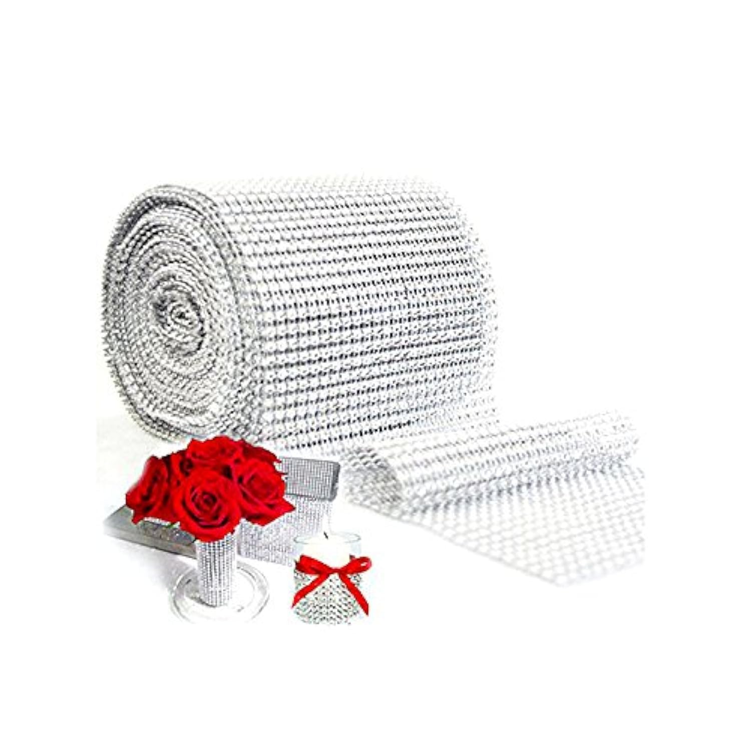 Super Z Outlet Sparkling Rhinestone Mesh Ribbon for Event Decorations, Wedding Cake, Birthdays, Baby Shower, Arts & Crafts, 4.75" x 10 Yards, 24 Row, 1 Roll (Silver)