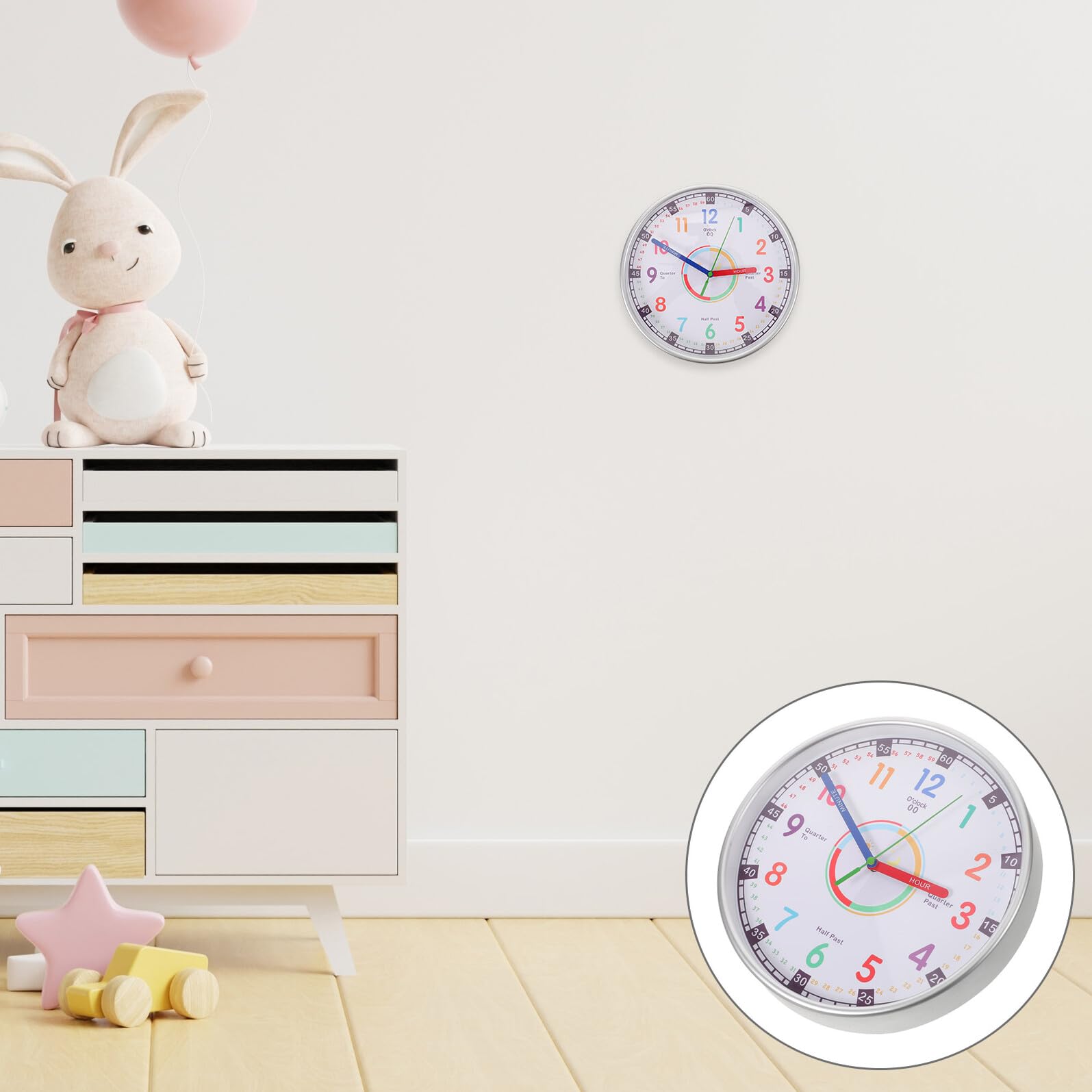 KOMBIUDA Pädagogische Kinder Analoguhr 25cm Silber mit Leisem Lauf