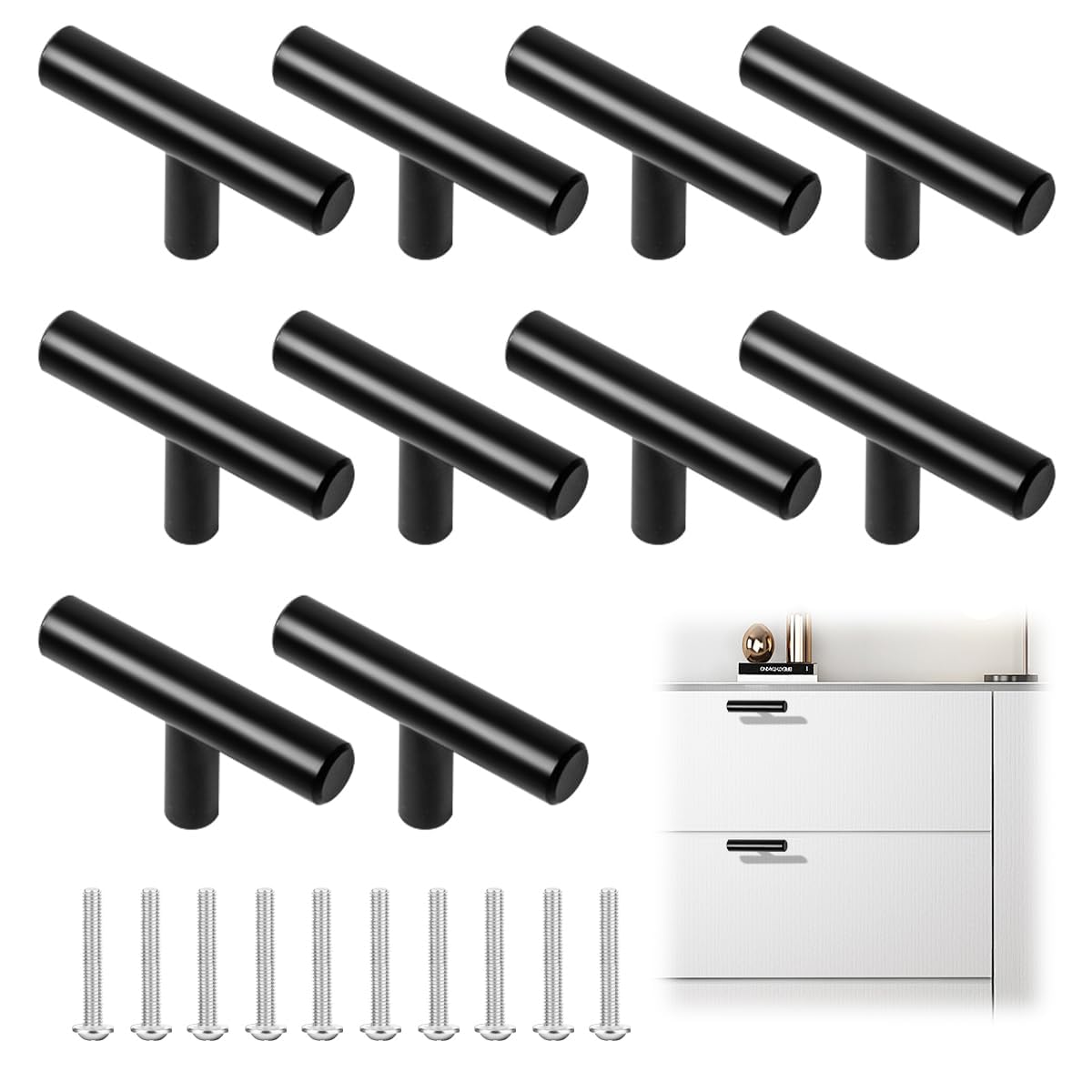 10 Pieces Single Hole T Bars Handles, 50mm T Bar Pulls with Screws