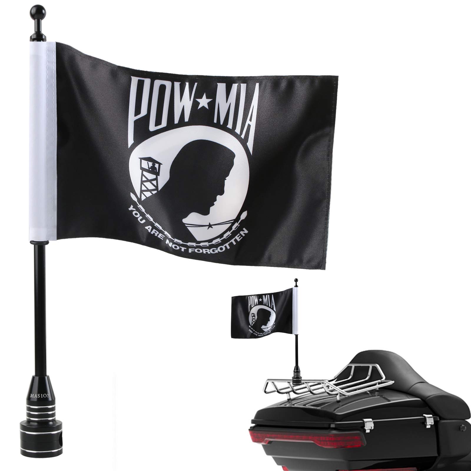 MASION Motorcycle Flag 6 x 10 POW MIA Flag - You are not Forgotten Flag for Harley Davidson Yamaha Honda Goldwing CB VTX CBR Black Flagpole fit 1/2 Motorcycle Luggage Rack