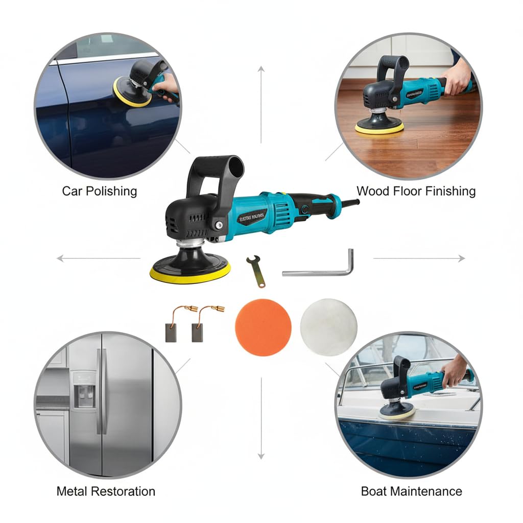 Lucidatrice Auto,980W lucidatrice per auto 5800 Giri/min, lucidatrice rotorbitale,6 Velocità Regolabili,2*Spugne Lucidanti Impugnatura D staccabile per Auto,Lucidatura di Pavimenti e cera