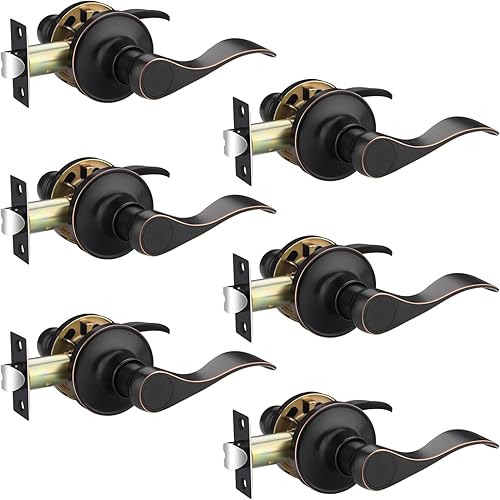 Miniatura 10 de Paquete de 4 manijas de puerta de entrada con llaves en acabado de bronce aceitado, manija de puerta con cerradura y llave, palancas de puerta