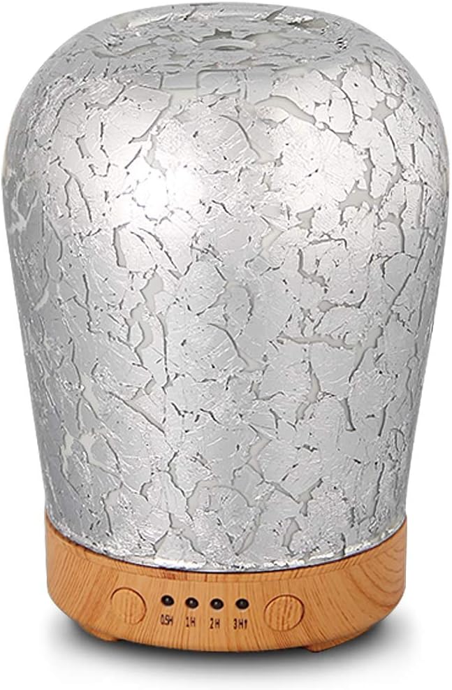 Porseme Silver Plated Essential Oil Diffuser, Aromatherapy Ultrasonic Humidifier, Night Light with Handmade Glass, BPA Free, 7 Color Changing, Waterless Auto-Off, Timer Setting