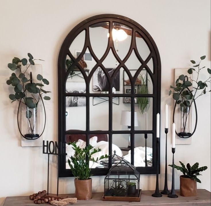 MKH KRAFTS Decorative Wall Mirror Window Frame | Wall Hanging Mirror Frame | Rectangular Arched Design for Living Room, Bedroom & Office | Black Finish 24x36 Inch-image-29