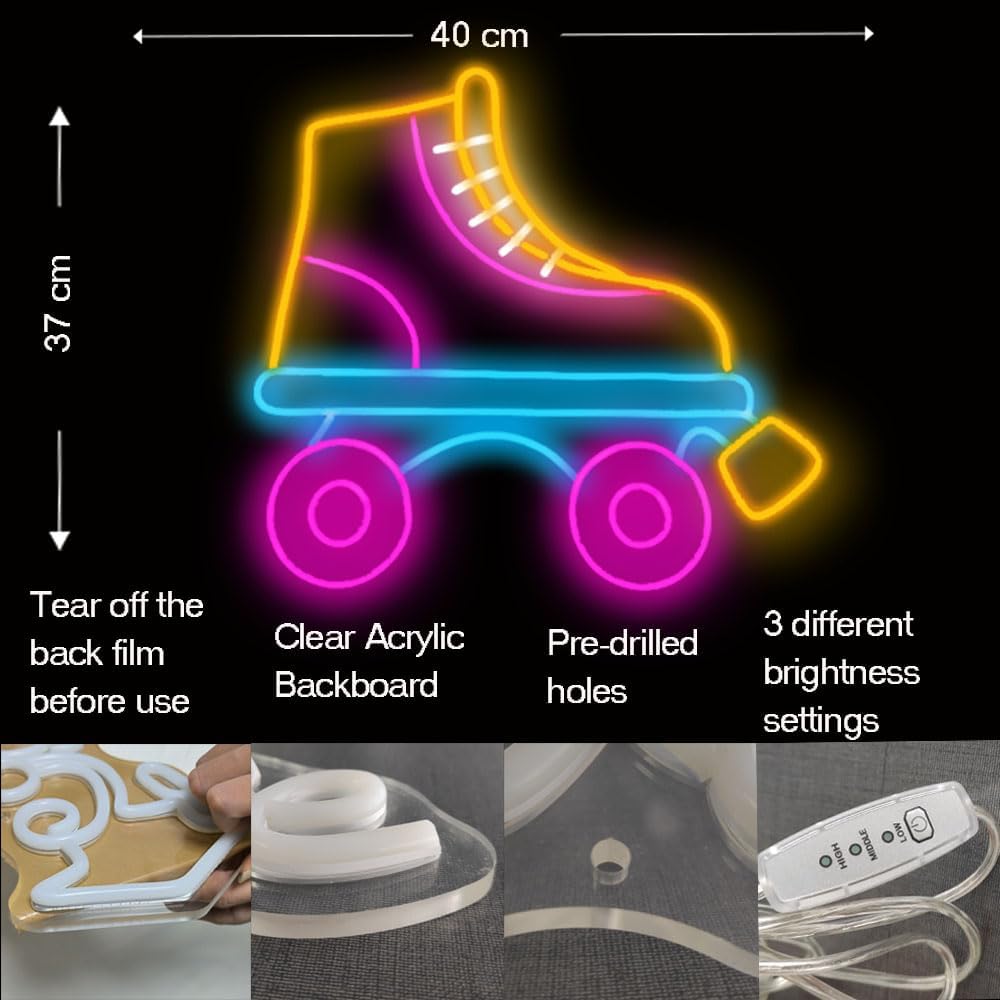 Neon Sign Roller Skates LED Roller Skating Neon Light Signs Custom Led Neon Signs for Wall Decor Personalized Light Signs Home Custom Lights Sign Decor,Size:40cm