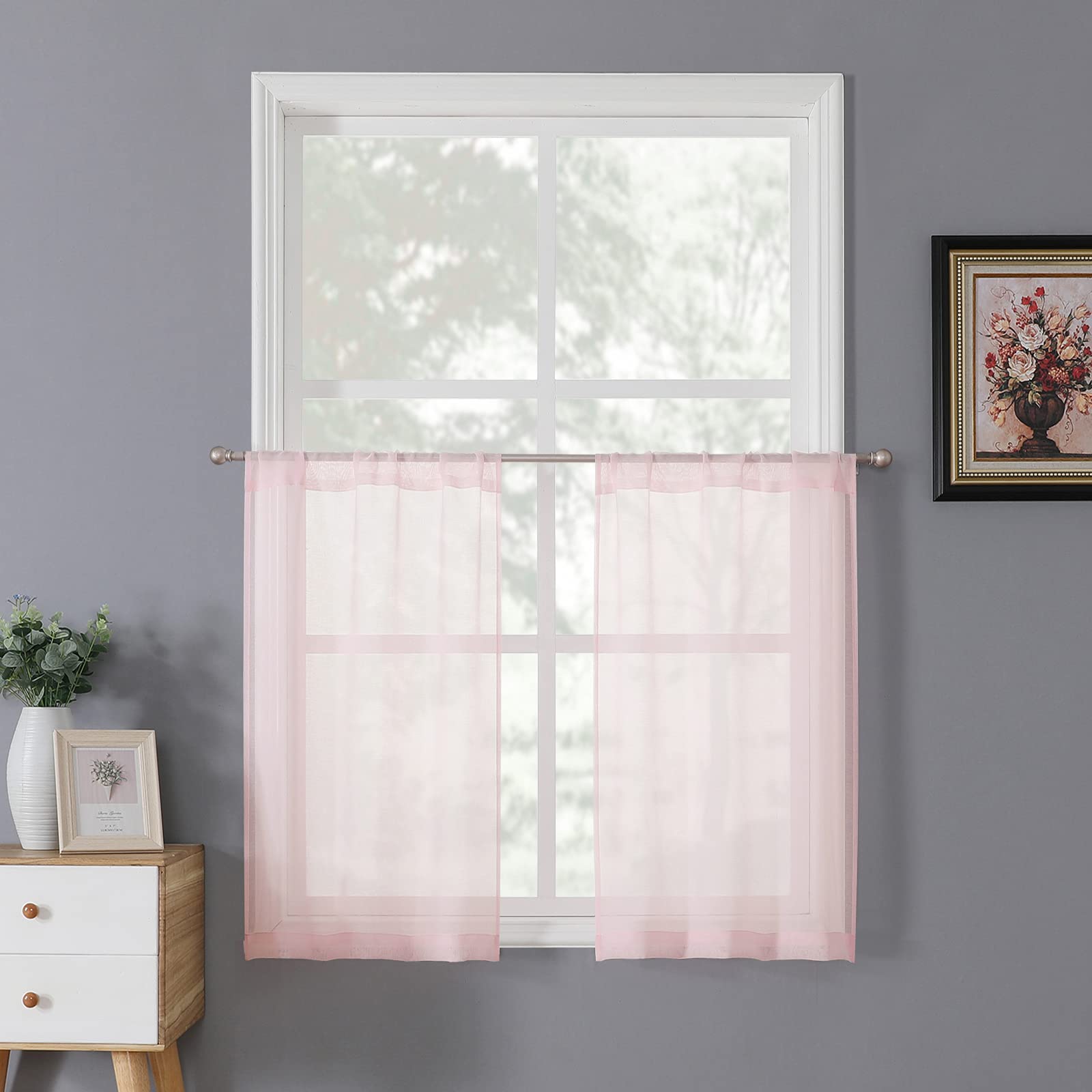Tollpiz Short Sheer Tier Curtains Linen Textured Half Kitchen Curtain Sheers Light Filtering Rod Pocket Voile Small Curtain for Bathroom, 25 x 24