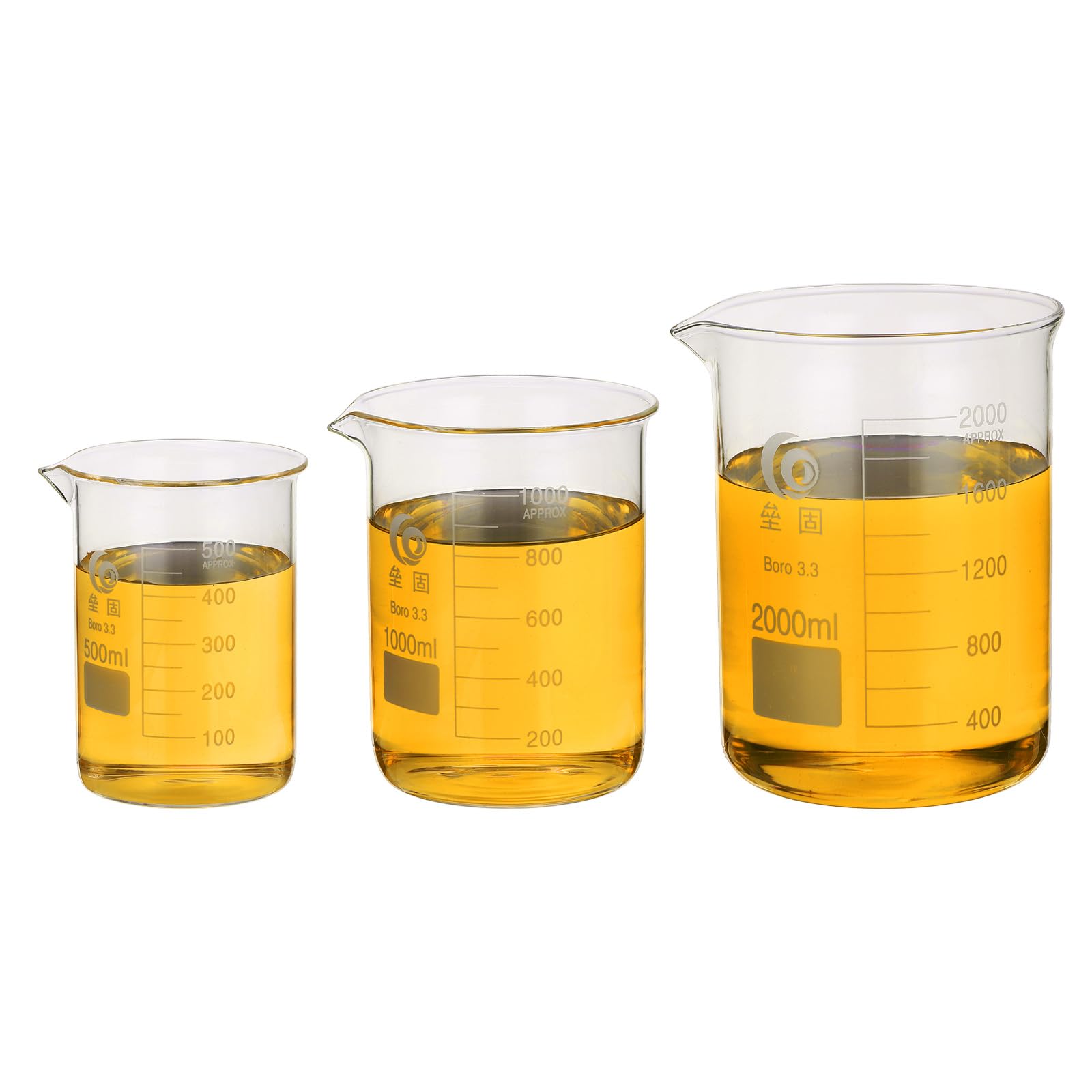PATIKIL 500/1000/2000ml Becher Bas En Verre, 3Pcs 3.3 Bechers En Verre Borosilicaté Gradués Avec Bec Verseur Pour Expérience De Laboratoire, Cuisine Et Pâtisserie, Transparent
