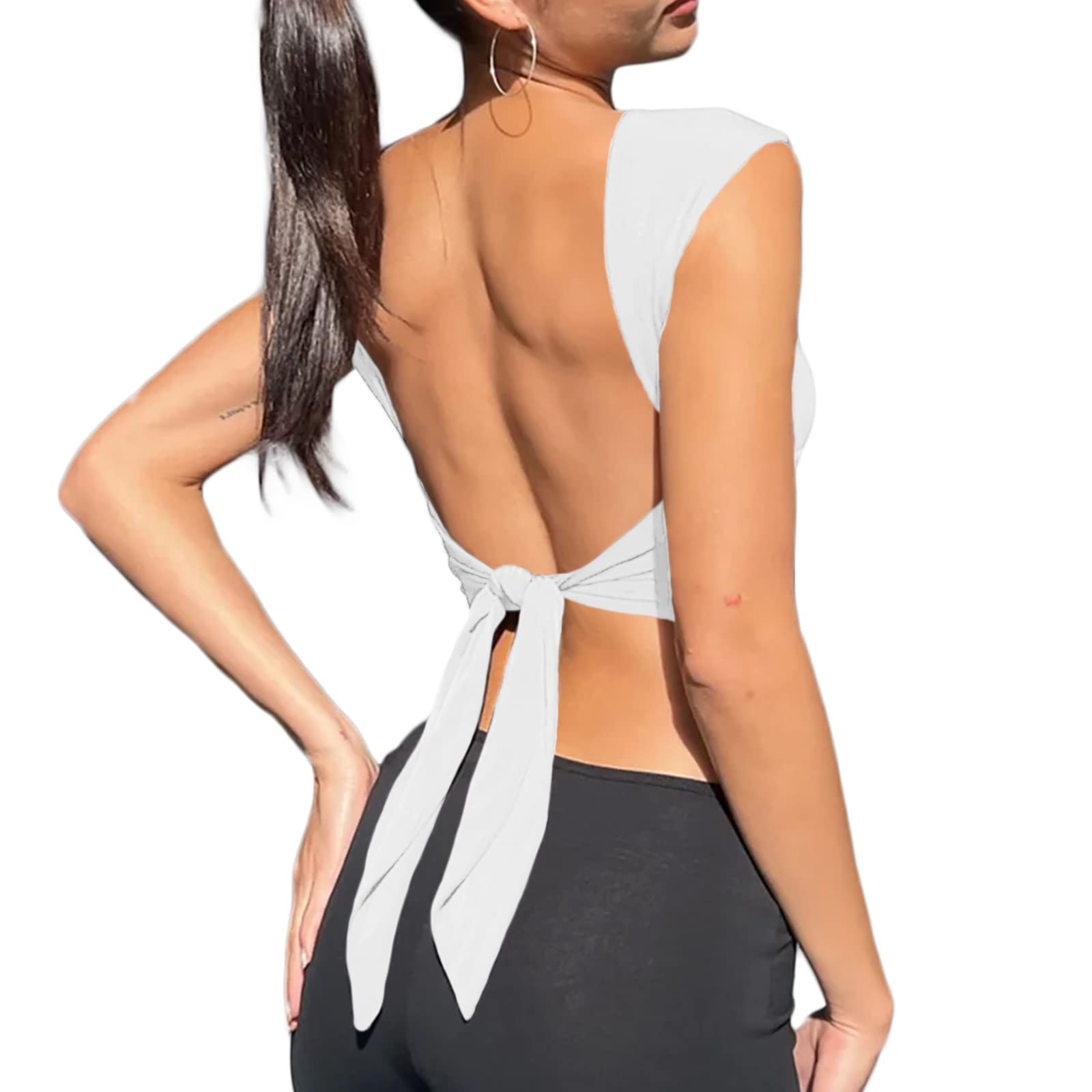 Women’s Open Back Crop Tops Sexy Backless Crewneck Short Sleeve Crop Tee Shirts Solid Slim Fit Y2K Club Party Cami Tank Tops