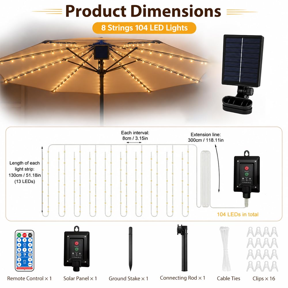 Illuminazione solare per ombrellone, con 104 LED e 8 modalità, telecomando e clip, catena luminosa impermeabile, per campeggio, tenda esterna