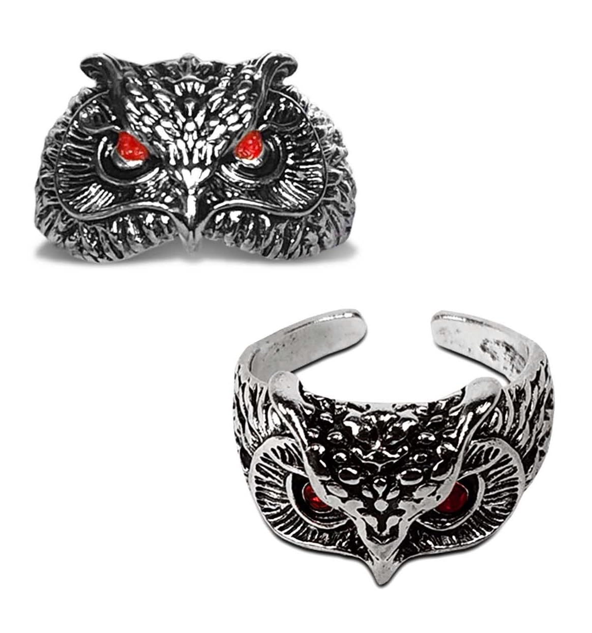 De-Autocare(Set Of 2 Pcs Unisex Silver Funky Adjustable/Openable Decorative Creative Crystal Nug/Stone Red Demon Eyes Owl/Ullu Bird Face Design Thumb Finger/Knuckle Ring
