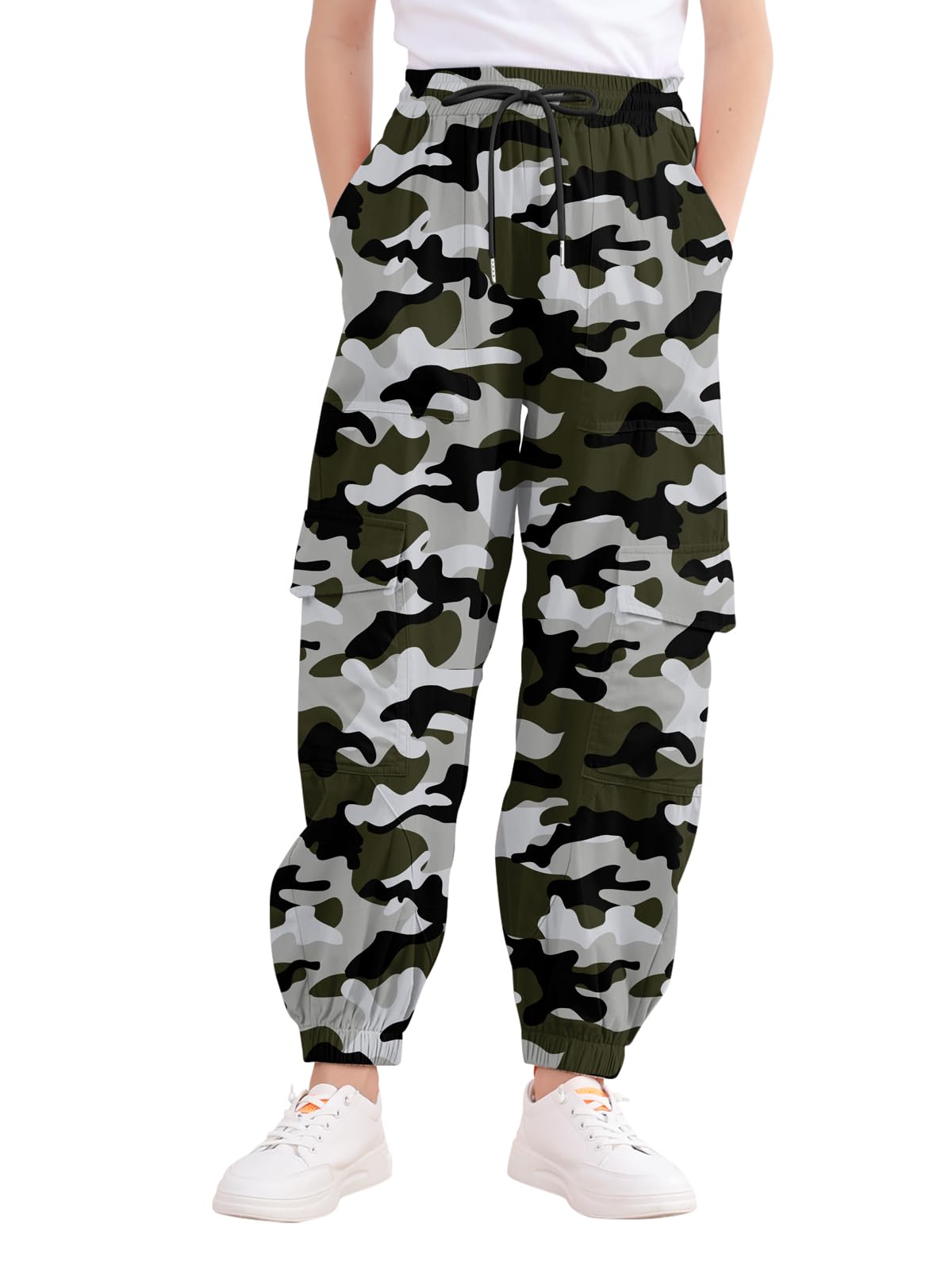 Girls Camo Pants Kids Cargo Parachute Joggers Elastic Waist Baggy Hip Hop Dance Pants Size 9-10
