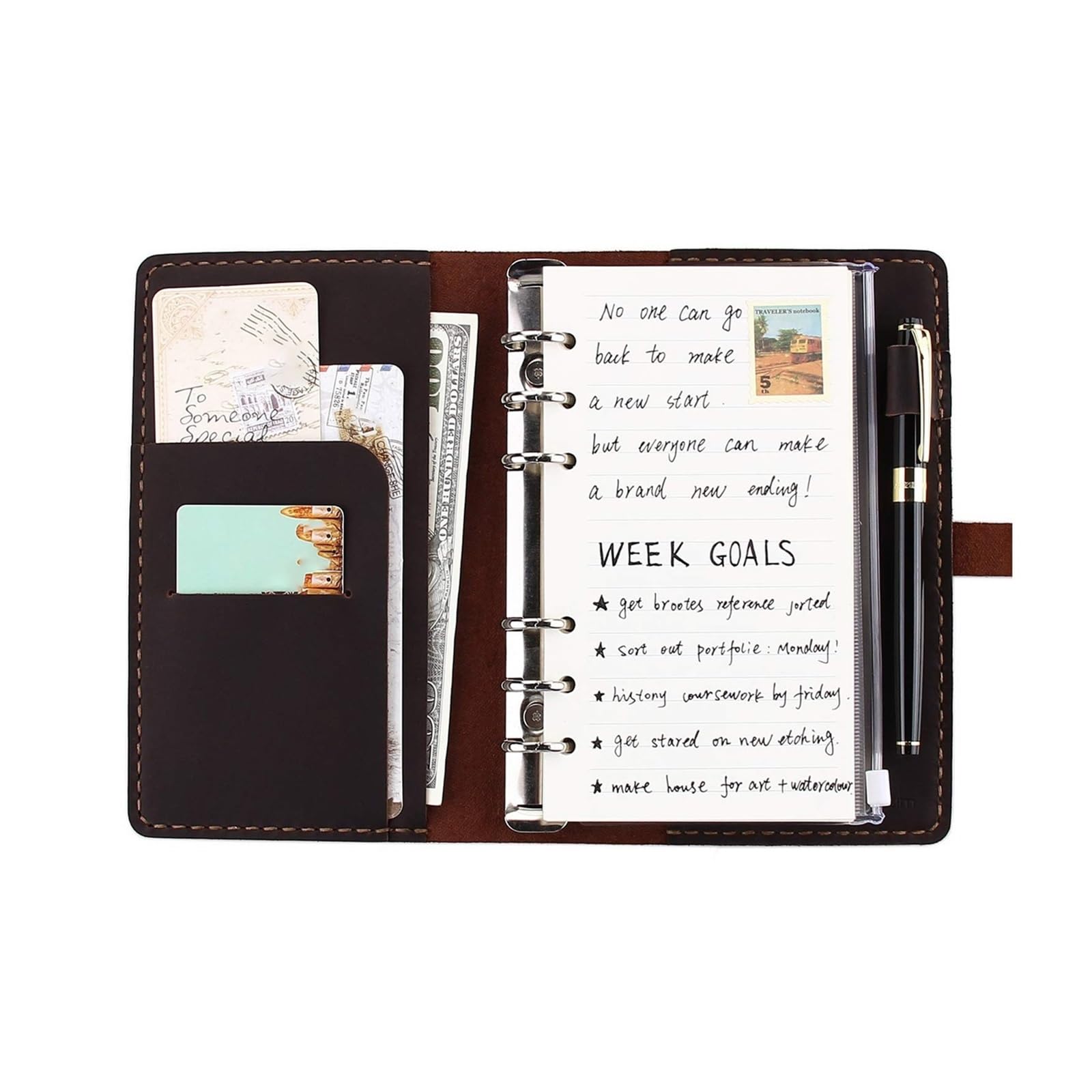 A6 Leder-Notizbuch mit 6 Ringen nachfüllbar – Planer mit Kartenfächern, Stiftschlaufe & Taschen – Vintage handgemachtes Reisetagebuch & Organizer for Männer & Frauen(Coffee)