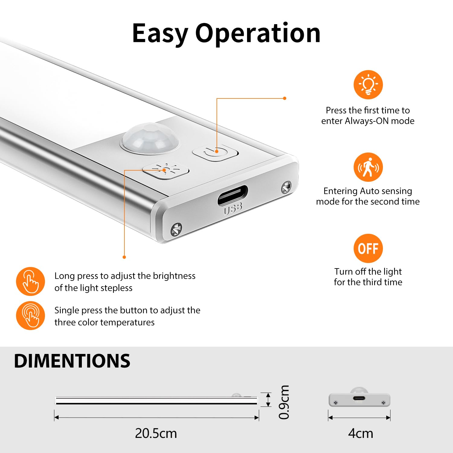 CILIENG Lampe De Placard Sans Fil 30CM Magnétique - Lumière LED Détecteur Mouvement 3000K/4000K/6500K Diminuable Rechargeable USB