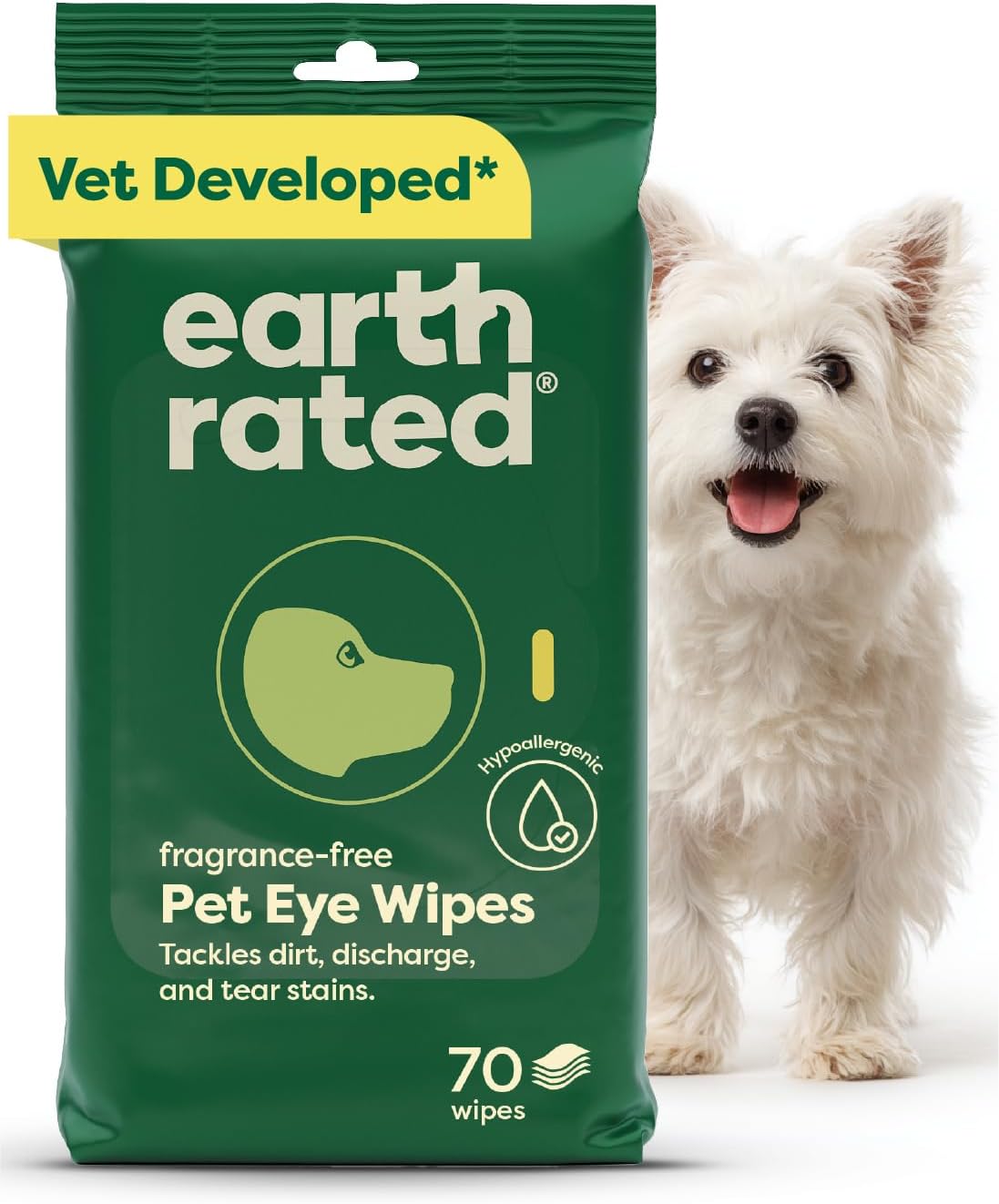 Vet-Developed Pet Eye Wipes, Hypoallergenic Cleaner for Dogs & Cats Eyes to Remove Dirt & Discharge, Fragrance Free, 70 Count