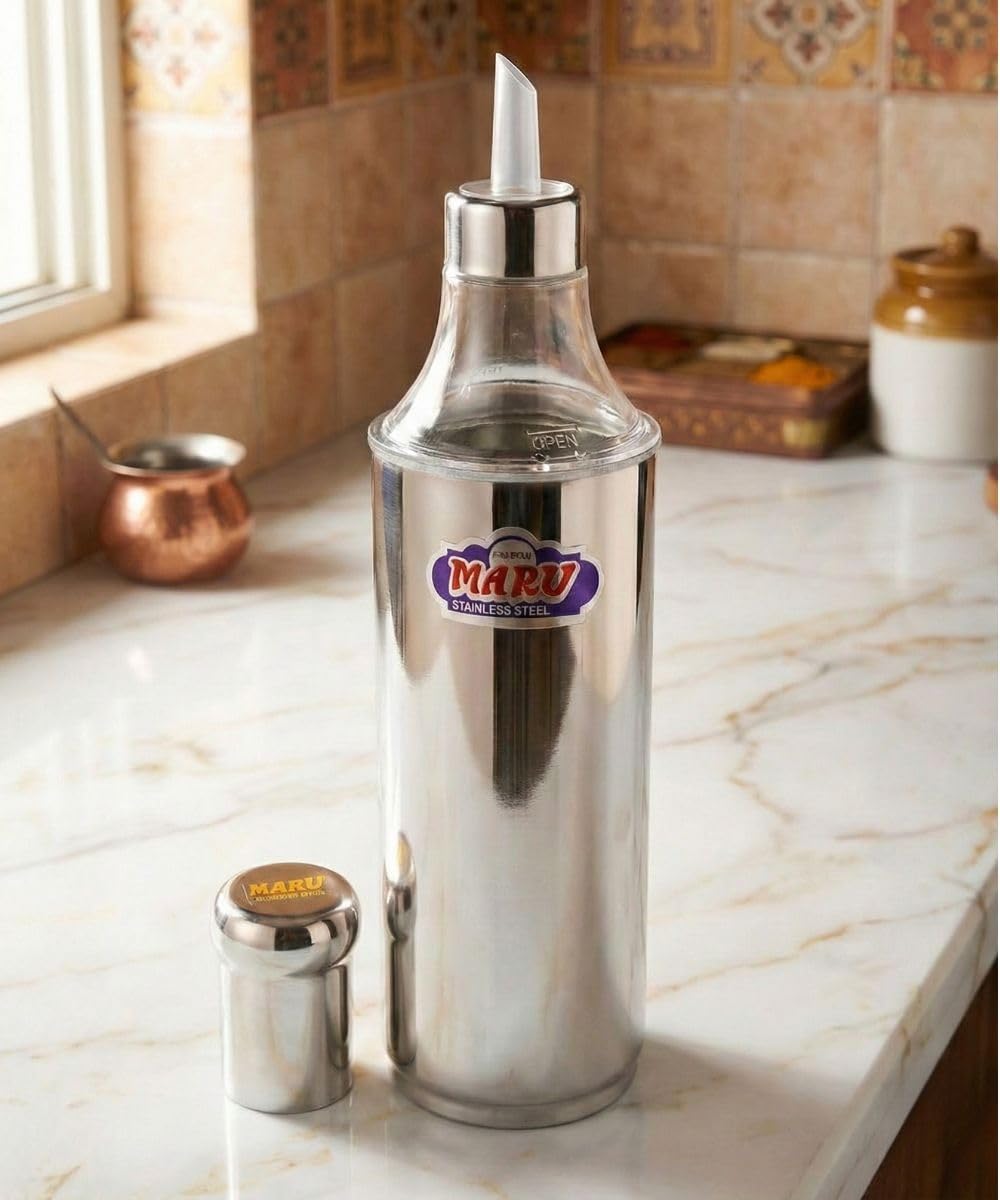 Contenedor y vertedor de aceite de acero inoxidable MARU de 1L con boquilla fina plateada