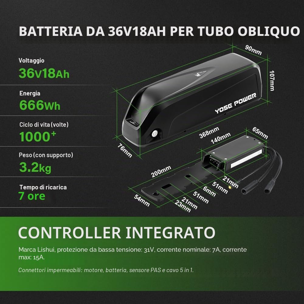 YOSE POWER - Kit di conversione per Ebike 36 V250 W 26”, per motore anteriore per bicicletta elettrica, controller integrato con batteria Hailong 36V 18Ah