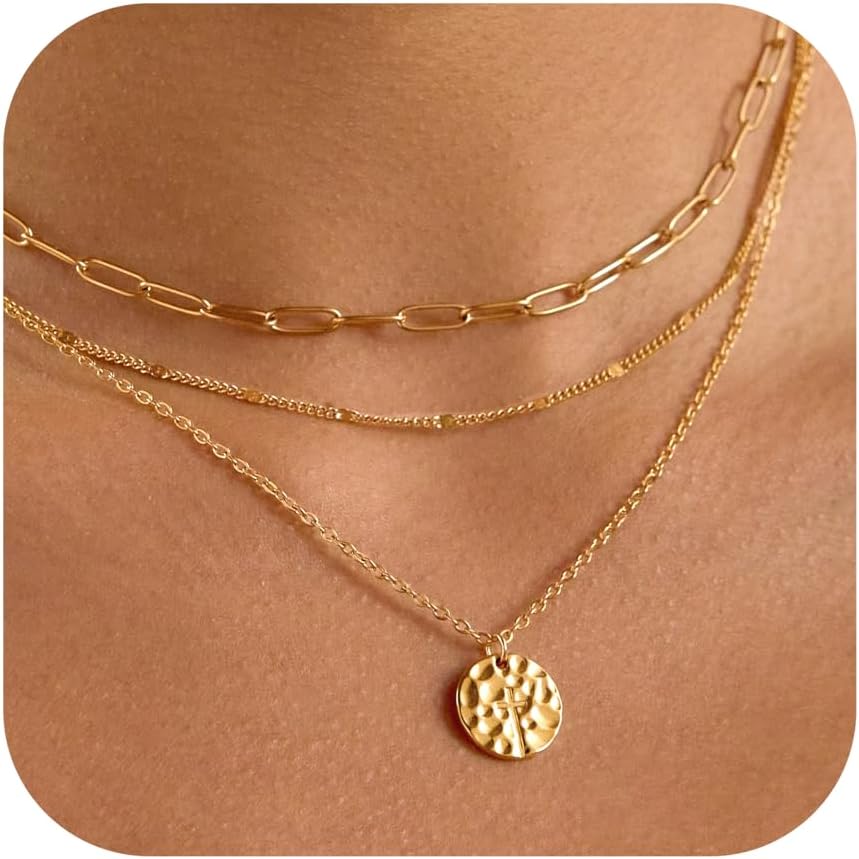 Layered Gold Necklaces for Women, 18K Gold Plated Pendant Necklace Set with Dainty Coin Cross, Trendy Adjustable Stack Stackable Cross Necklaces for Women Faith Jewelry Religious Minimalist Gift