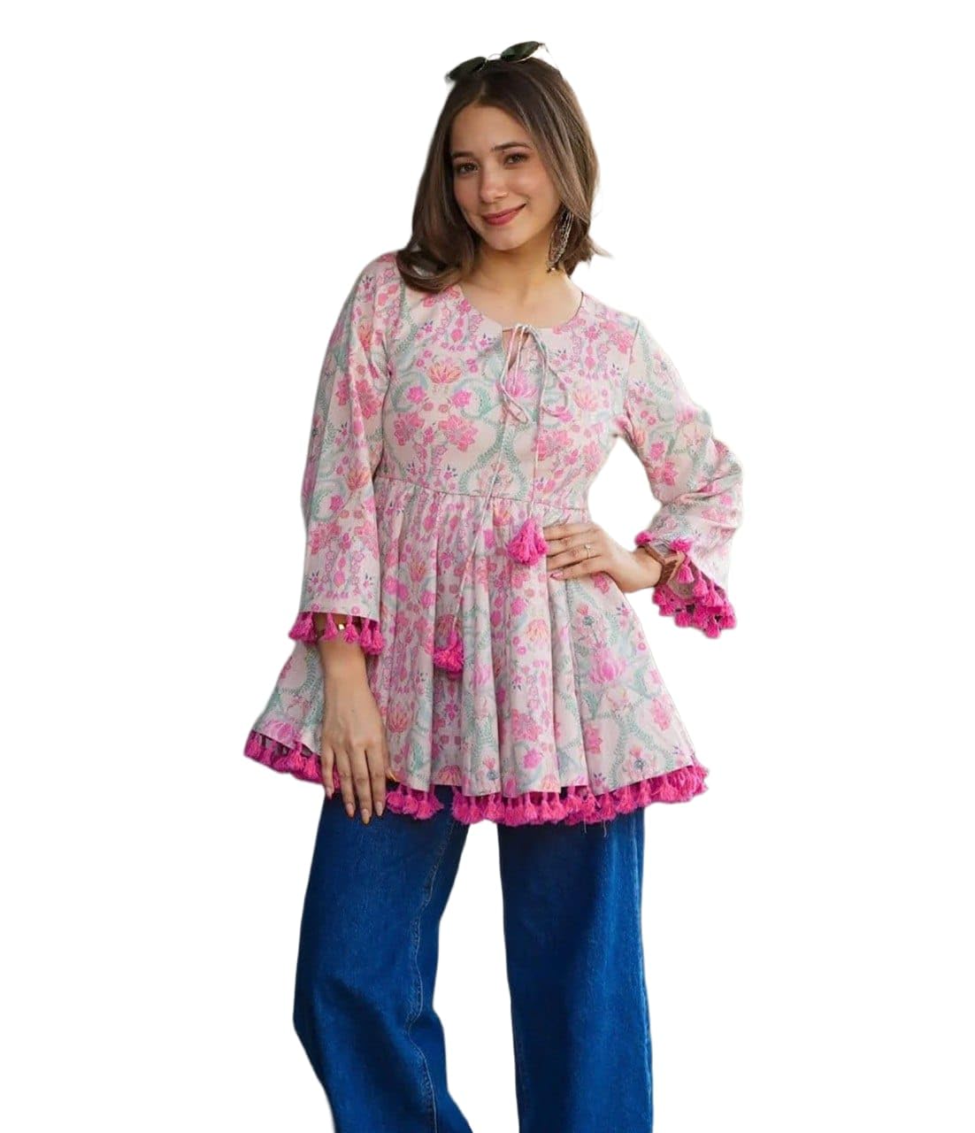 Pink Nena Floral Printed Rayon Slub Tunic Top for Women, 3/4 Bell Sleeves-picture-14