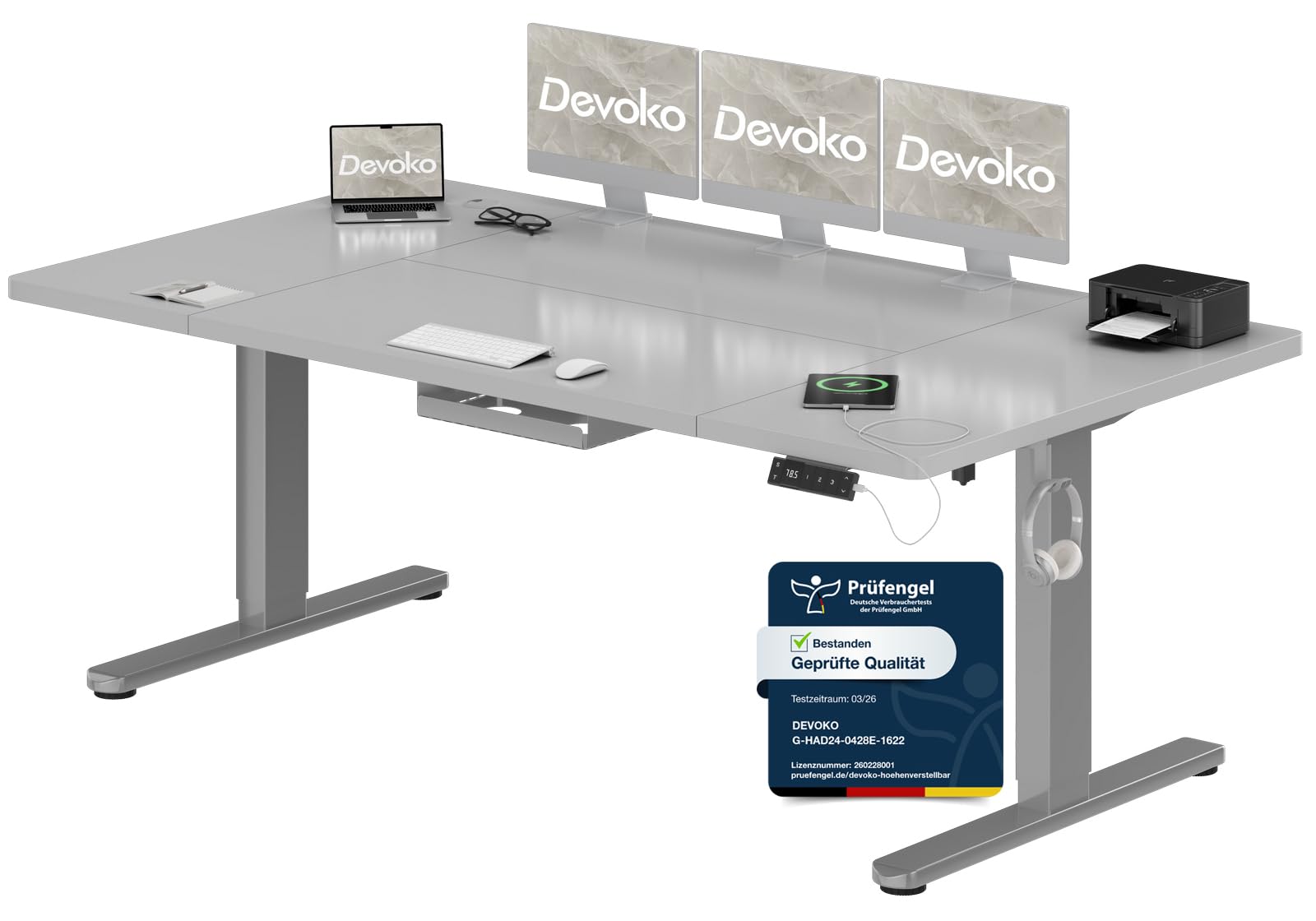 Devoko Höhenverstellbarer Schreibtisch 180x80cm mit Typ-C Ladeanschluss, Schreibtisch Höhenverstellbar Elektrisch, Mobiler Elektrisch Computertisch mit Kabel Management Tray, Grau