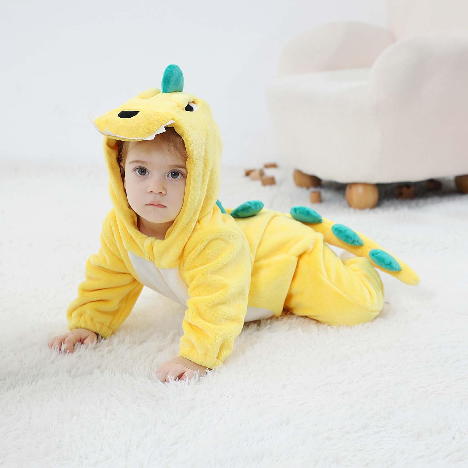 LOLANTA Costume da Dinosauro per Bambino Unisex, Costume da Animale con Cappuccio per Bambino, Tuta Sindacale in Flanella, Giallo, 3-4 anni