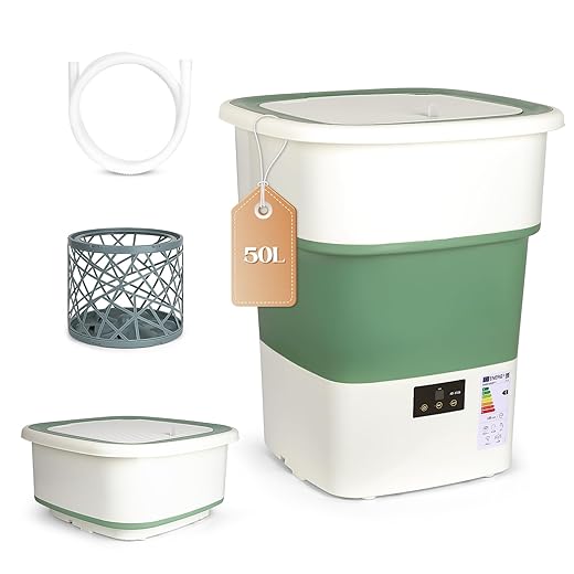 Portable Washing Machine, 1.8 Cu.Ft Large Capacity Foldable Washer with Spin Basket & 150W Motor, Timer Control for Apartment, RV, Travel | No Laundry Room Needed (White Green)