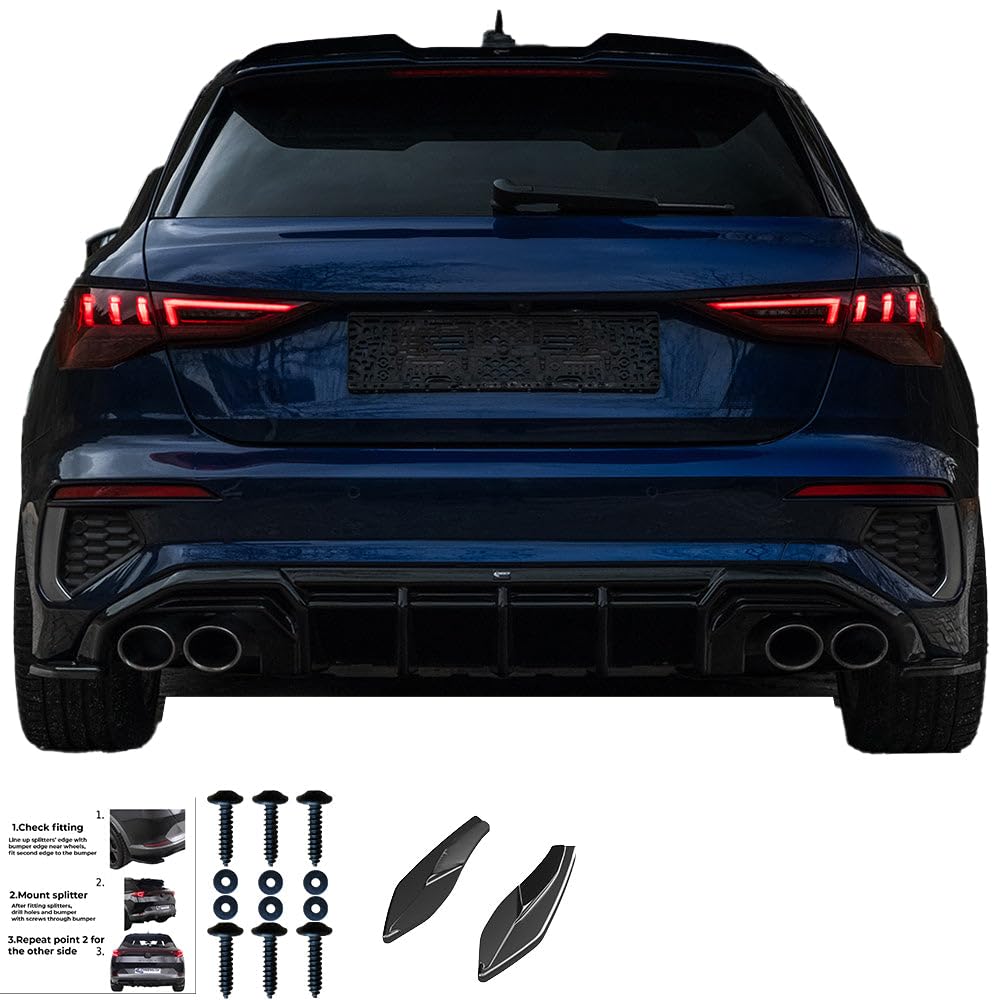 Oneway Jupes de pare-chocs arrière (coins) compatible avec Audi A3 8Y Sportback S3/S-Line 2020-2024 - Noir brillant