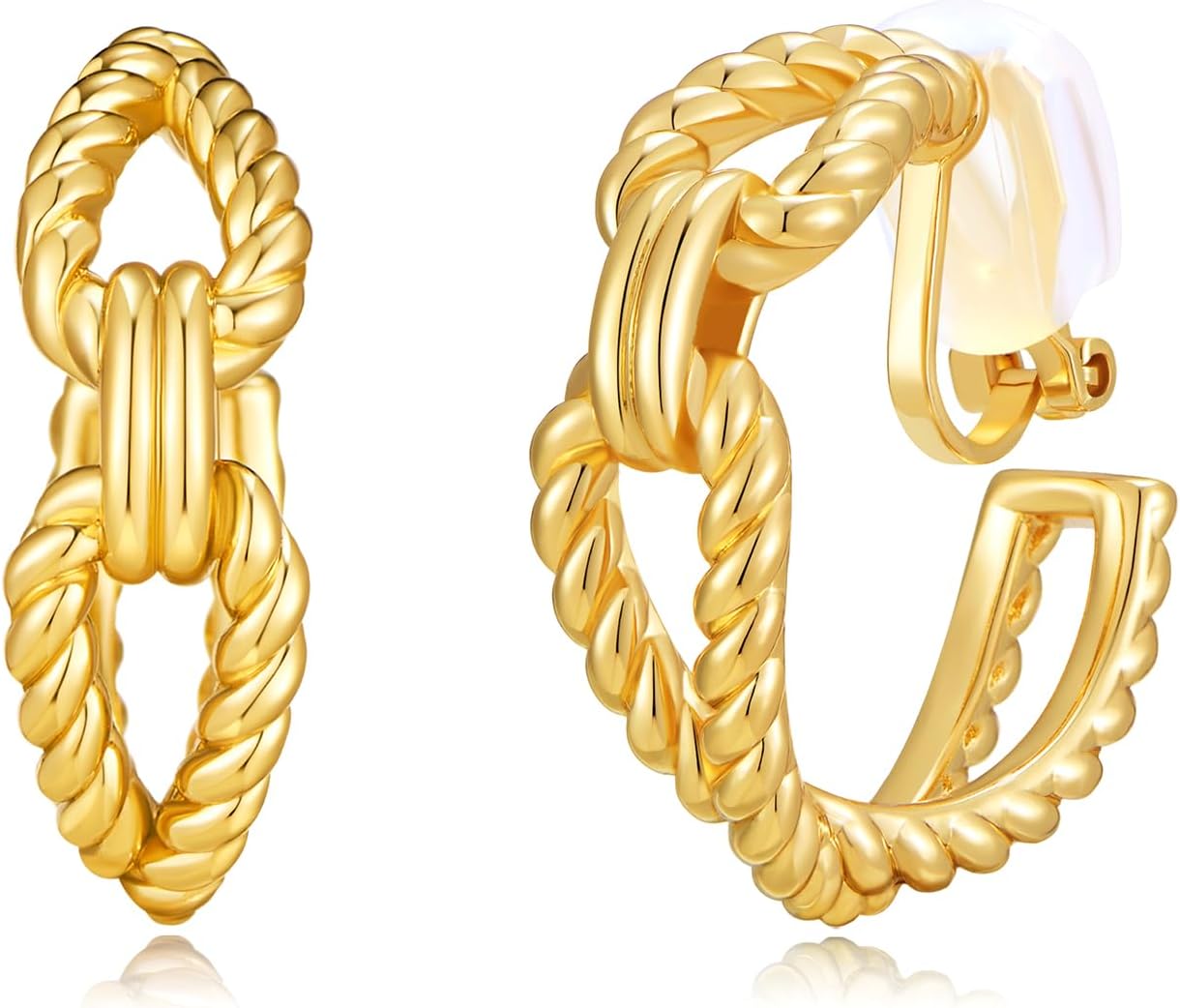 Aretes clip de oro 18k para mujer, diseño trenzado