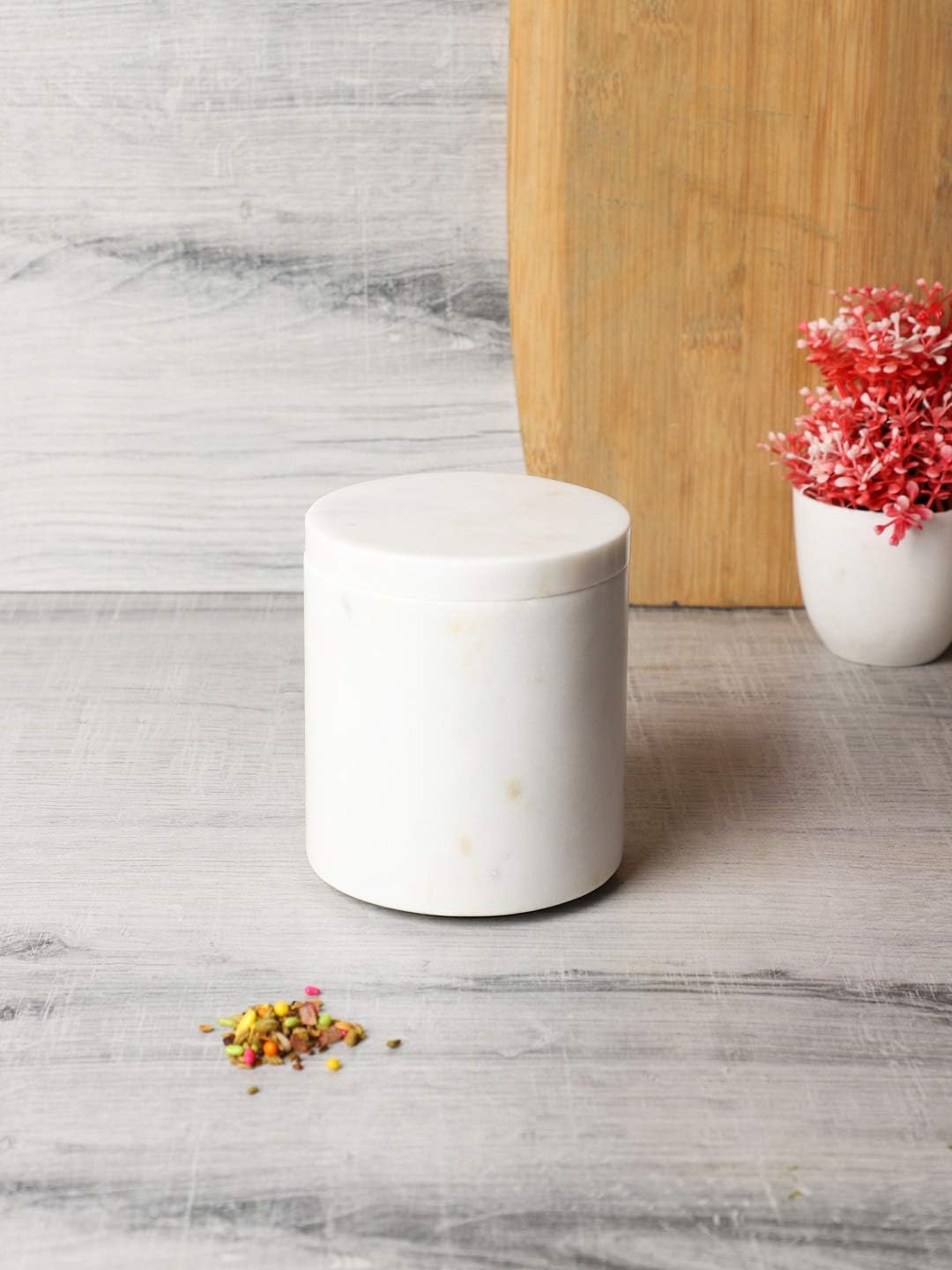 Navishtha Handicrafts Rajasthan Art Marble Canister, Natural Marble Cotton Swabs Container with Lid, Bathroom Vanity Organizer Canister for Makeup Sponge Bath Salts Storage Color White