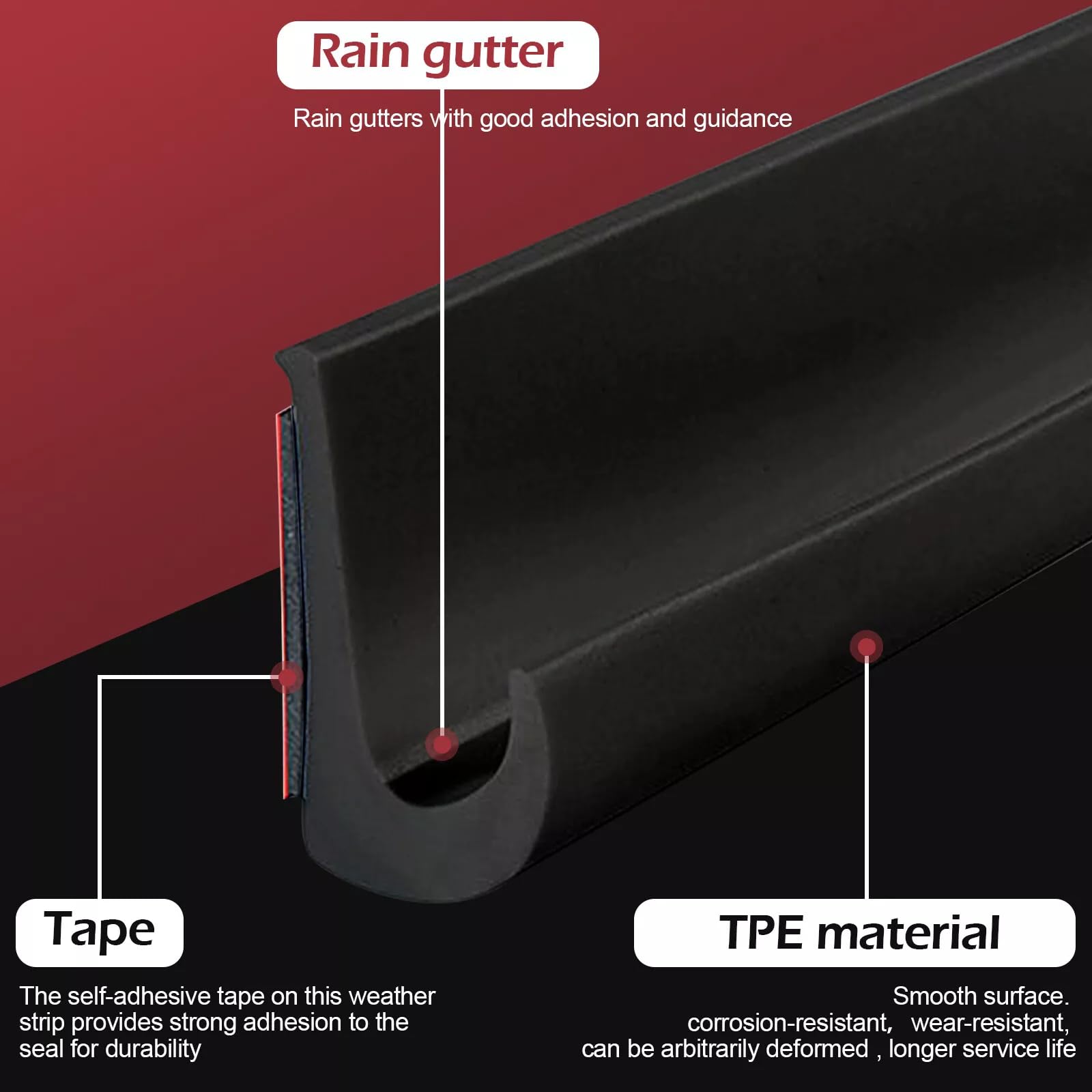 TPE J Shape Rain Gutter for RV, 10m Self-Adhesive Roof Drip Tape, Black