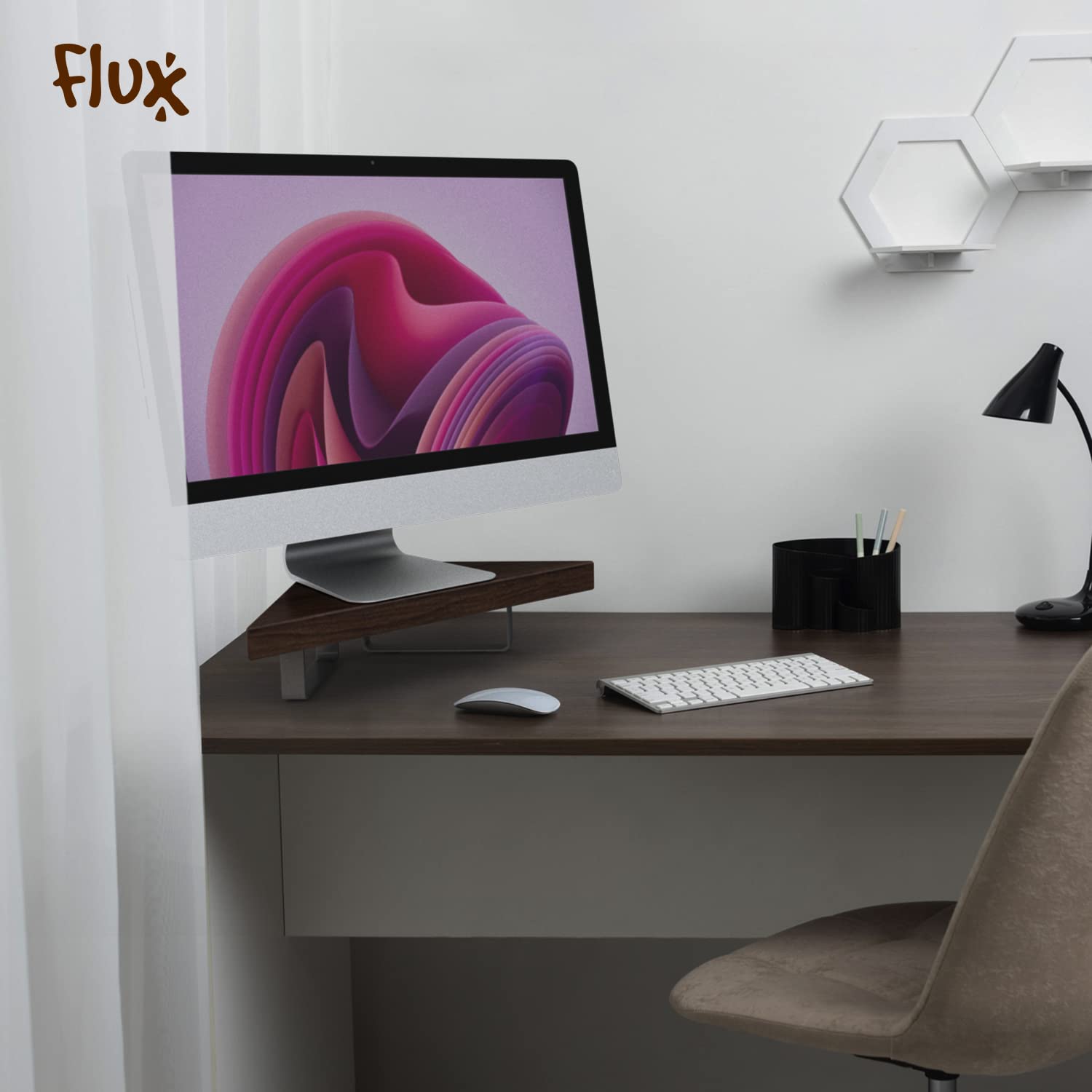 flux Wooden Monitor Stand | Monitor Stand Riser | Laptop Stand | Pc Stand Wooden | Made for Corners ,Material: Particle Board & Metal 23 Inch Shelf size -(45 x 25 x 8.5 cm) (Tringular Black Wenge) 4